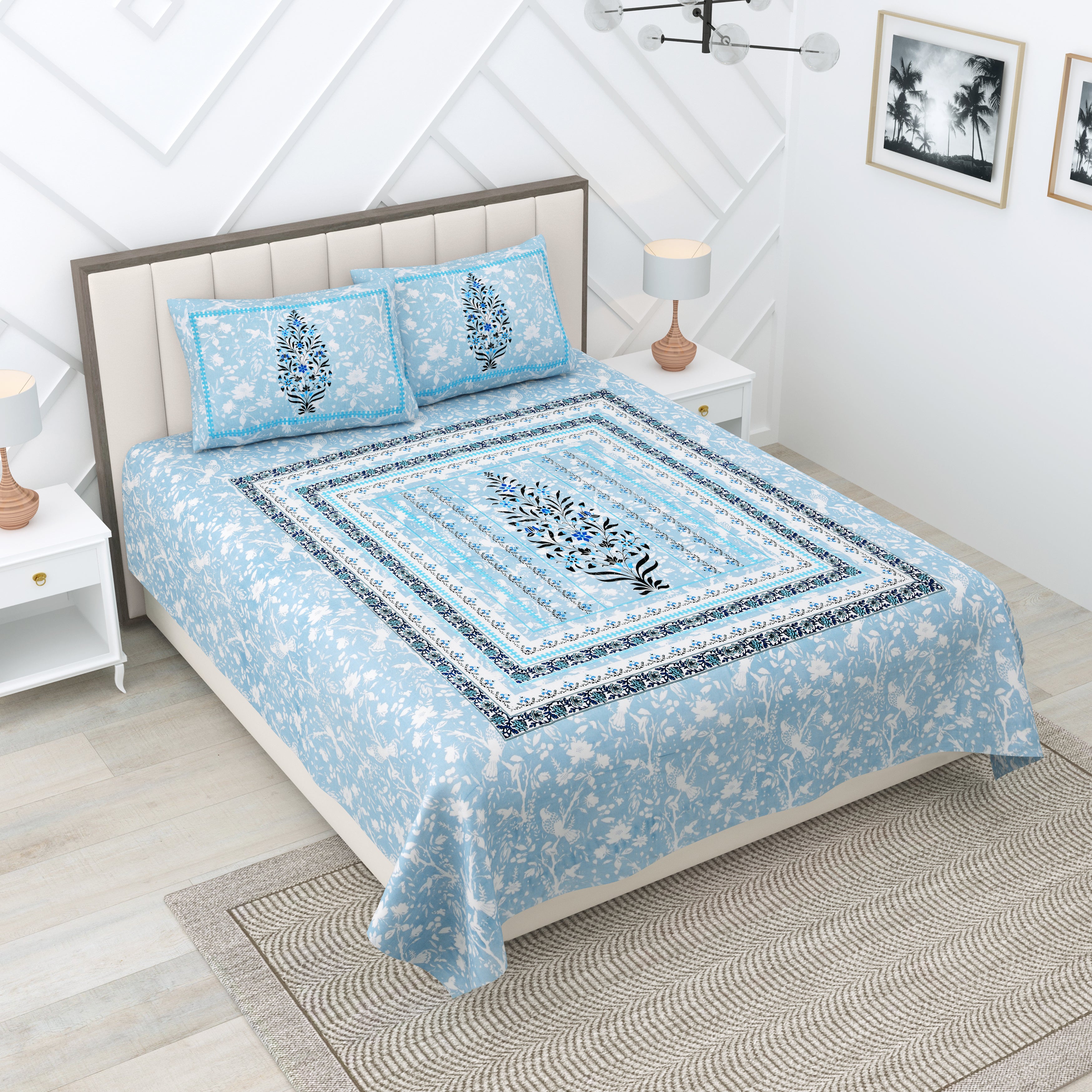 Blue Large Motif Jaipuri Print 100% Cotton 180 TC King Size BEDSHEET with 2 Pillow Cover - 90X108