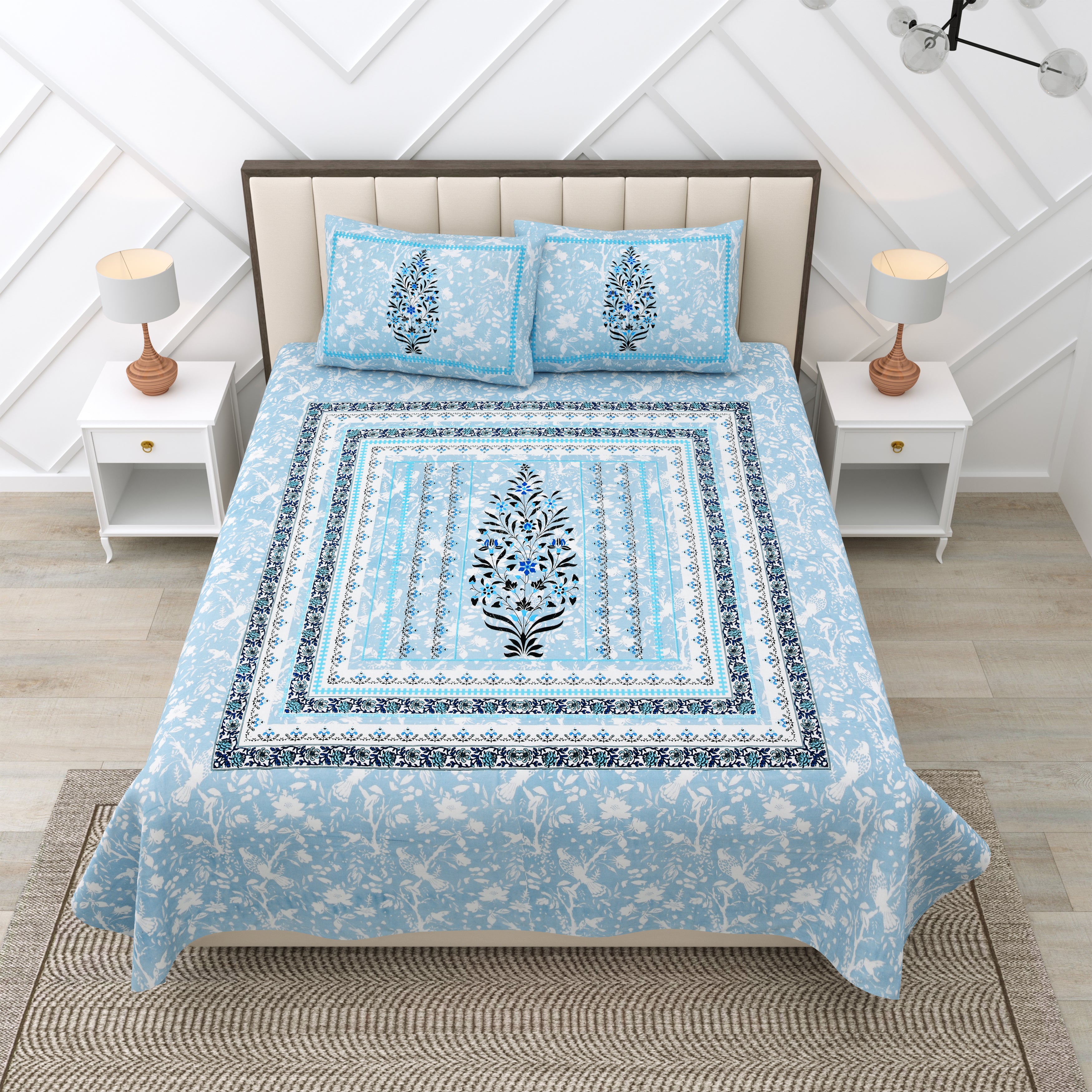 Blue Large Motif Jaipuri Print 100% Cotton 180 TC King Size BEDSHEET with 2 Pillow Cover - 90X108