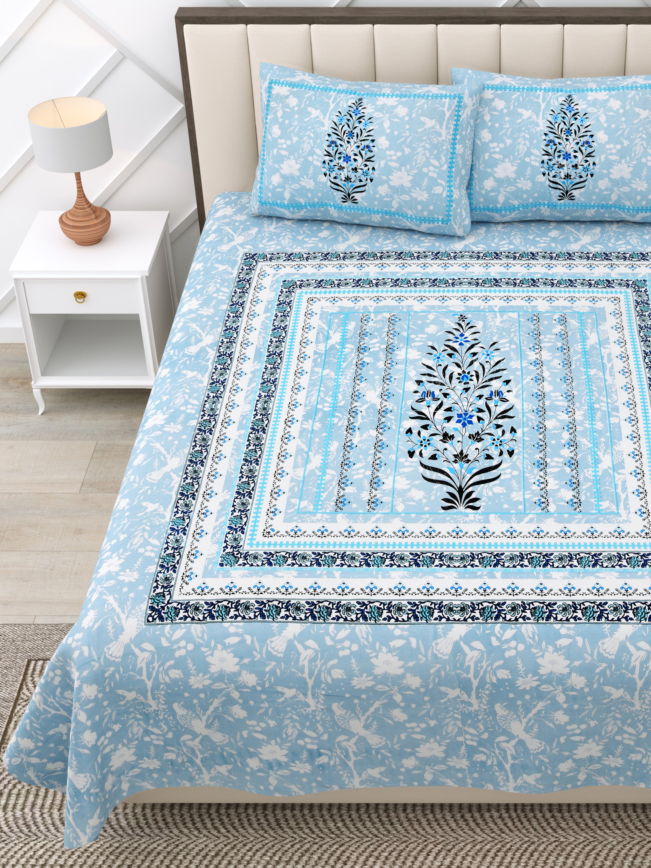 Blue Large Motif Jaipuri Print 100% Cotton 180 TC King Size BEDSHEET with 2 Pillow Cover - 90X108