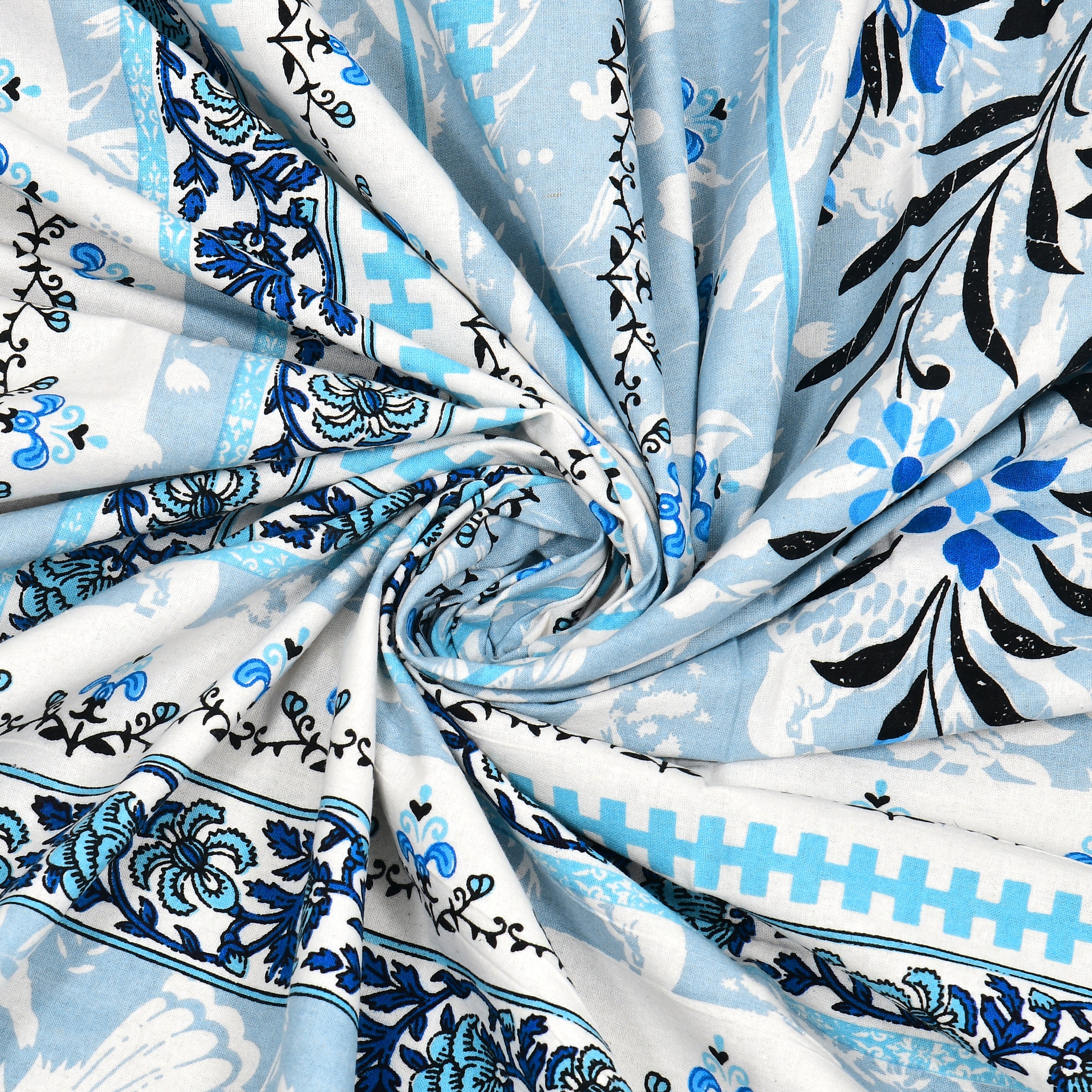 Blue Large Motif Jaipuri Print 100% Cotton 180 TC King Size BEDSHEET with 2 Pillow Cover - 90X108