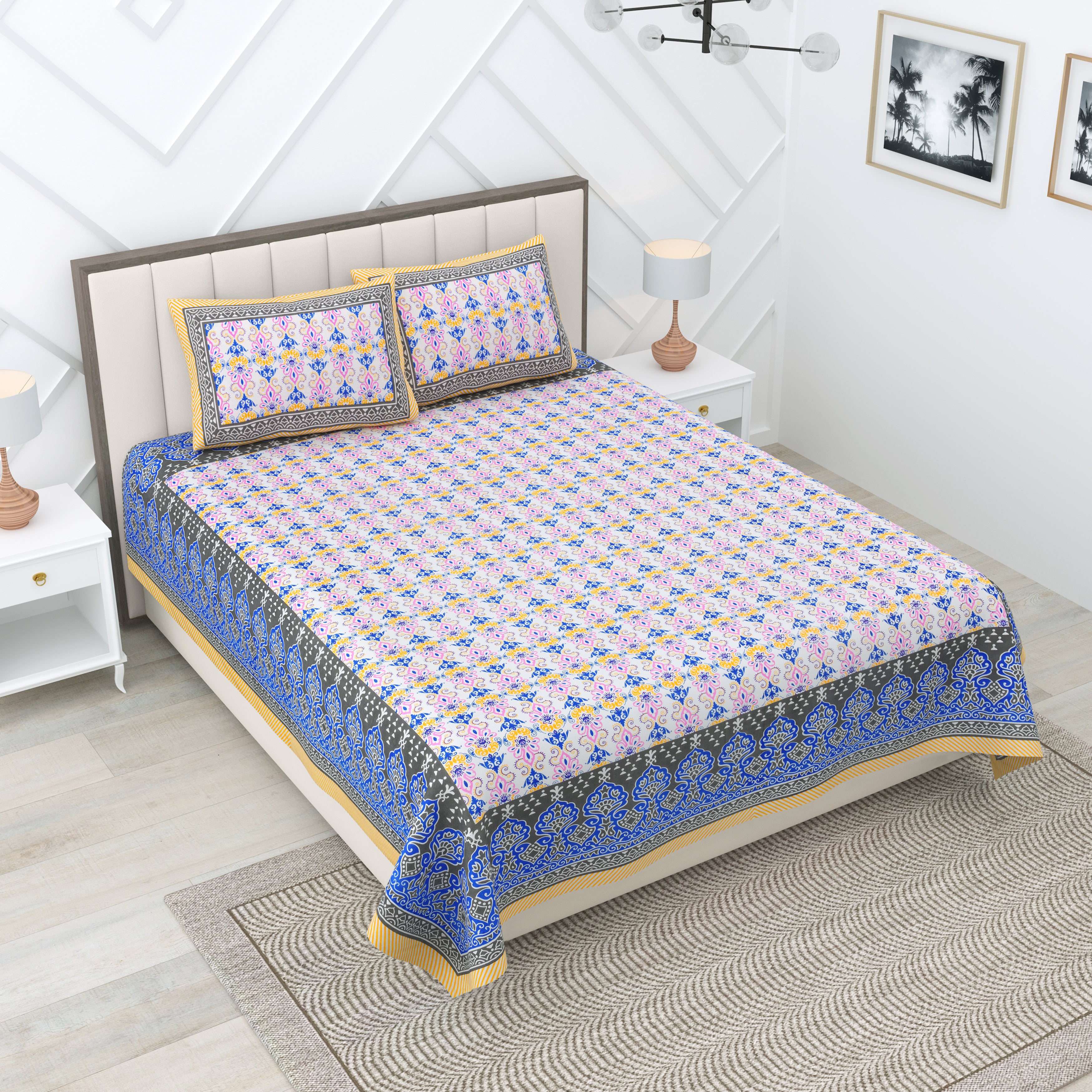 Blue Yellow Linear Motifs Jaipuri Print 100% Cotton 180 TC King Size BEDSHEET with 2 Pillow Cover - 90X108
