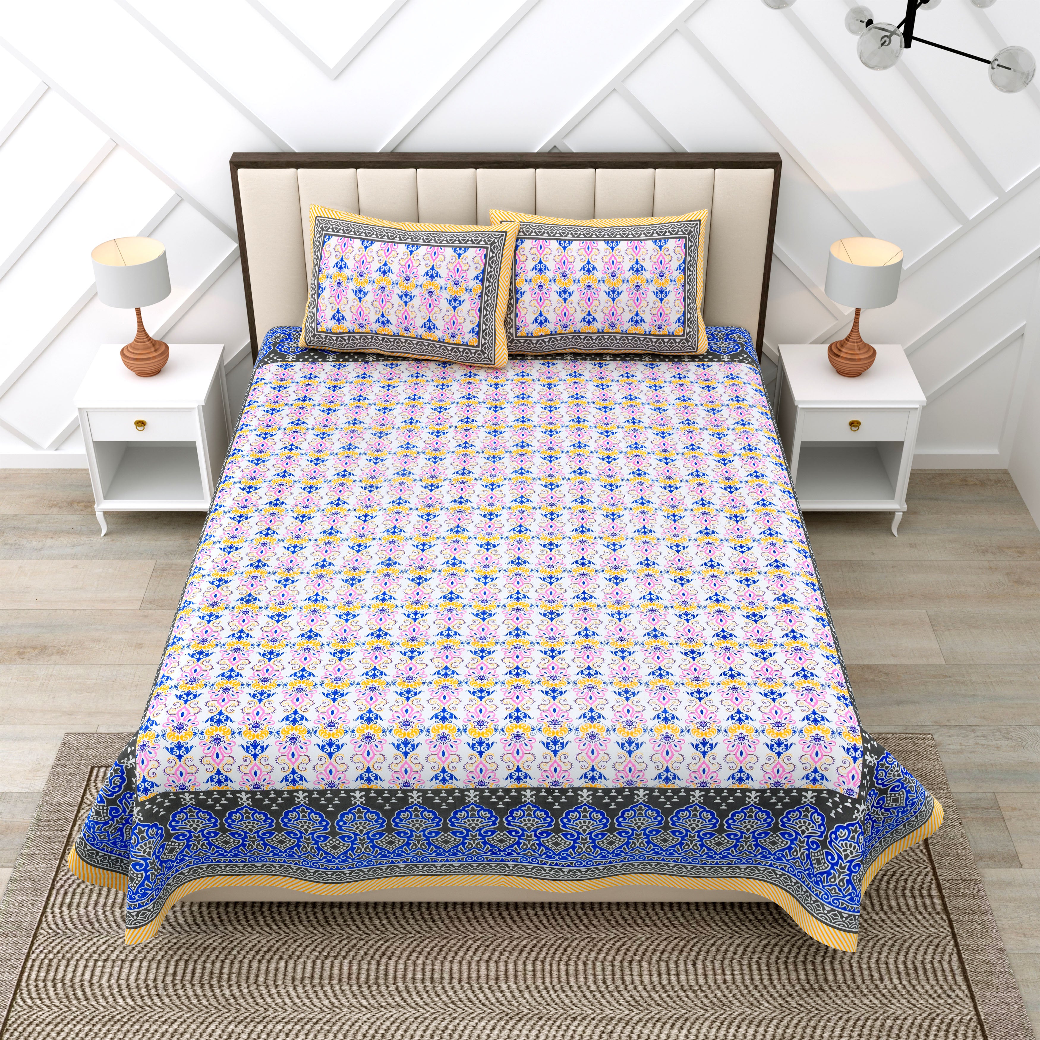 Blue Yellow Linear Motifs Jaipuri Print 100% Cotton 180 TC King Size BEDSHEET with 2 Pillow Cover - 90X108