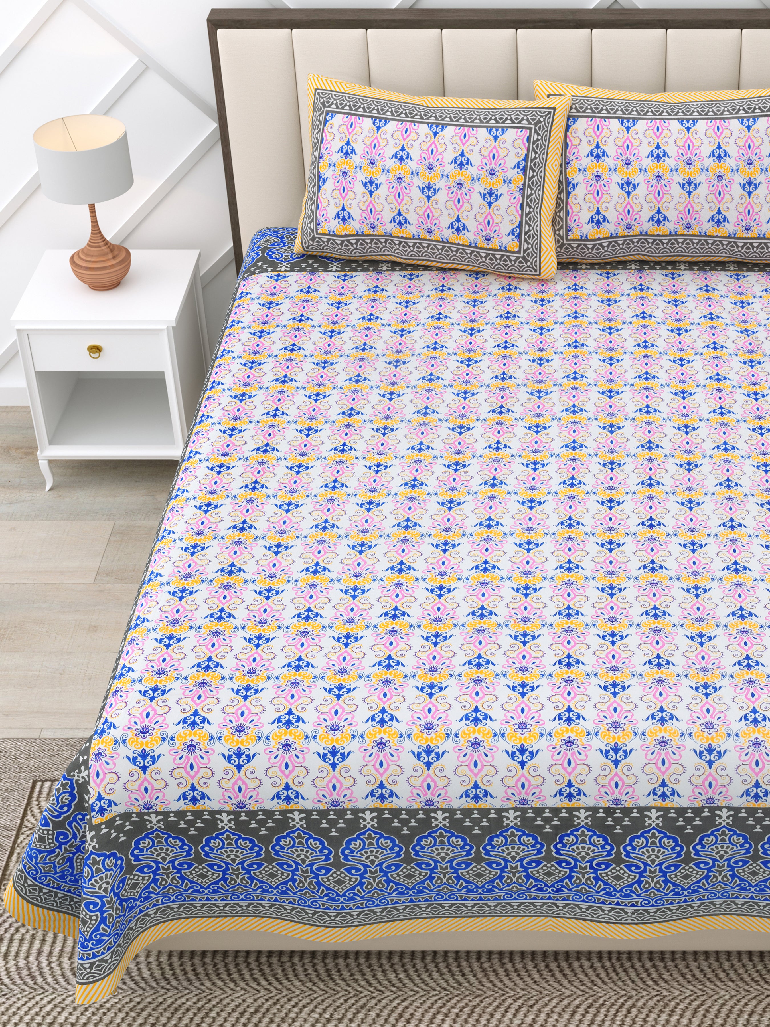 Blue Yellow Linear Motifs Jaipuri Print 100% Cotton 180 TC King Size BEDSHEET with 2 Pillow Cover - 90X108