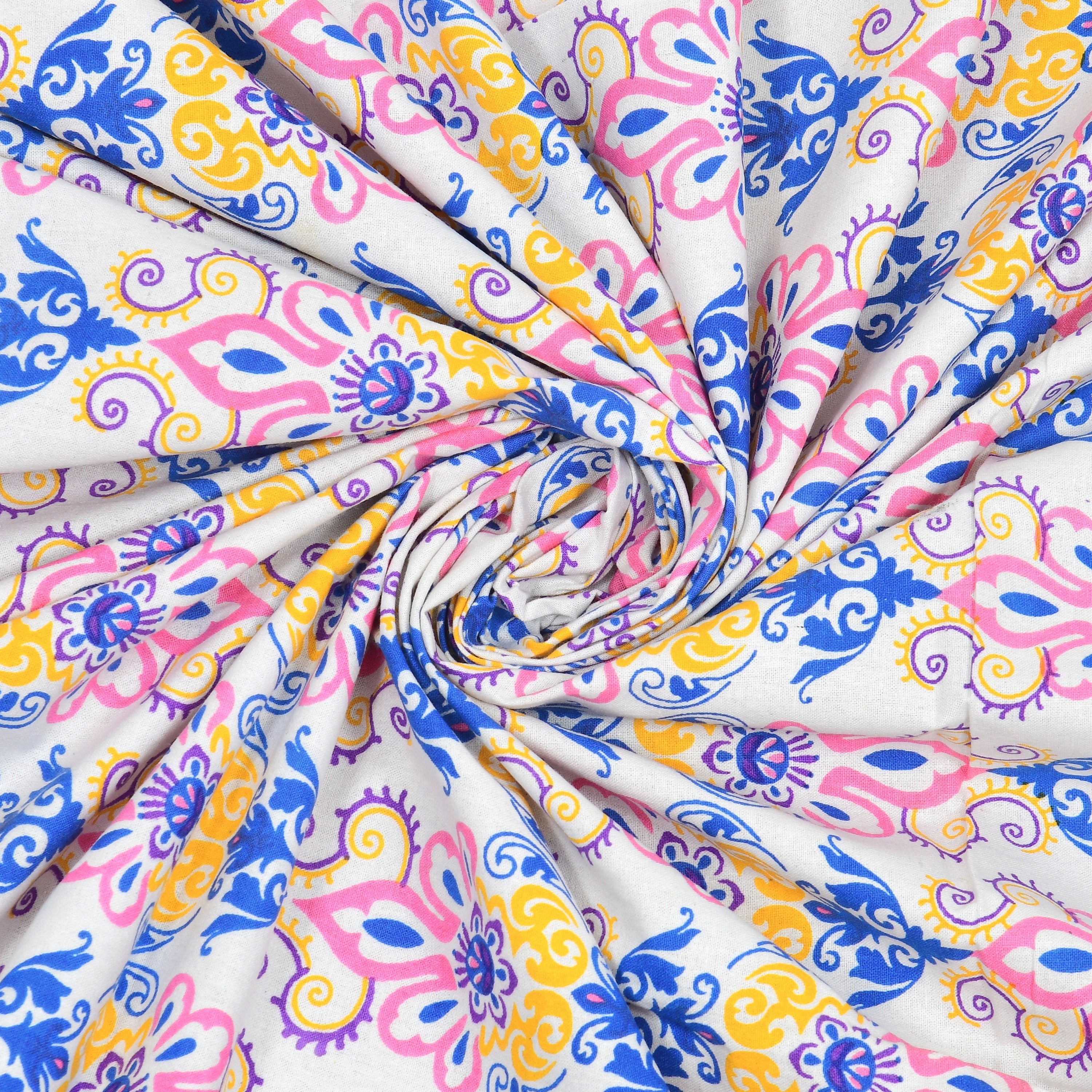 Blue Yellow Linear Motifs Jaipuri Print 100% Cotton 180 TC King Size BEDSHEET with 2 Pillow Cover - 90X108