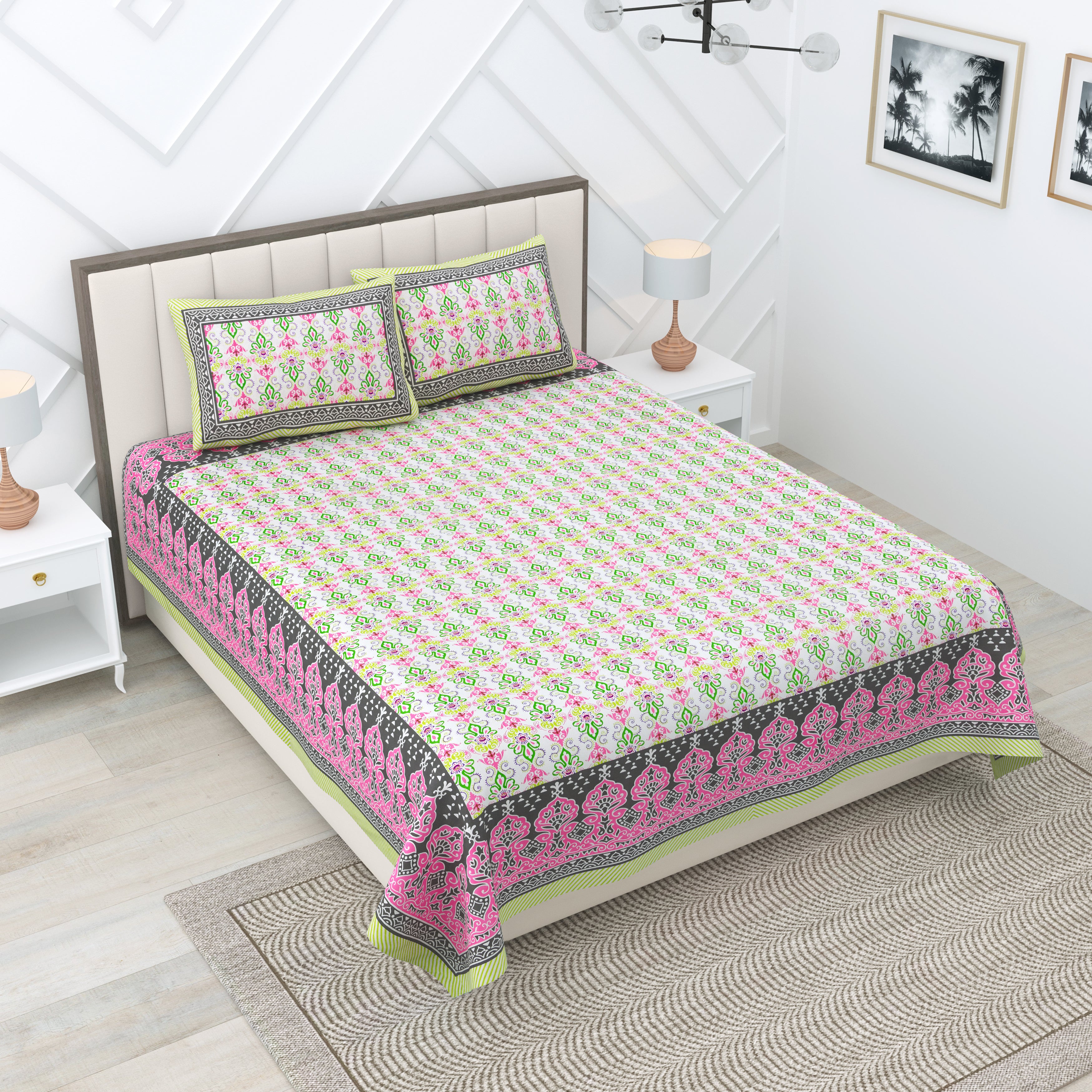 Pink Linear Motifs Jaipuri Print 100% Cotton 180 TC King Size BEDSHEET with 2 Pillow Cover - 90X108