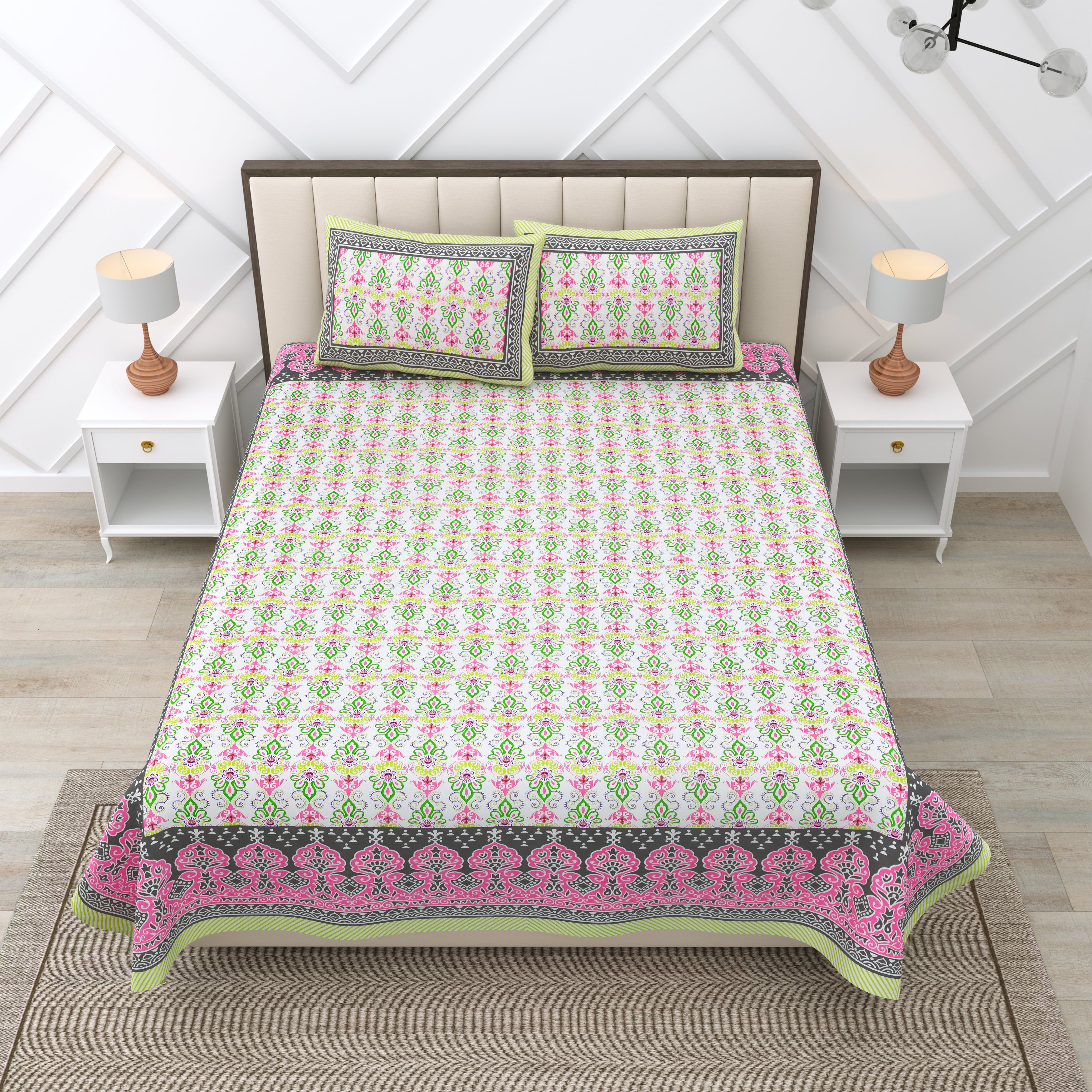 Pink Linear Motifs Jaipuri Print 100% Cotton 180 TC King Size BEDSHEET with 2 Pillow Cover - 90X108