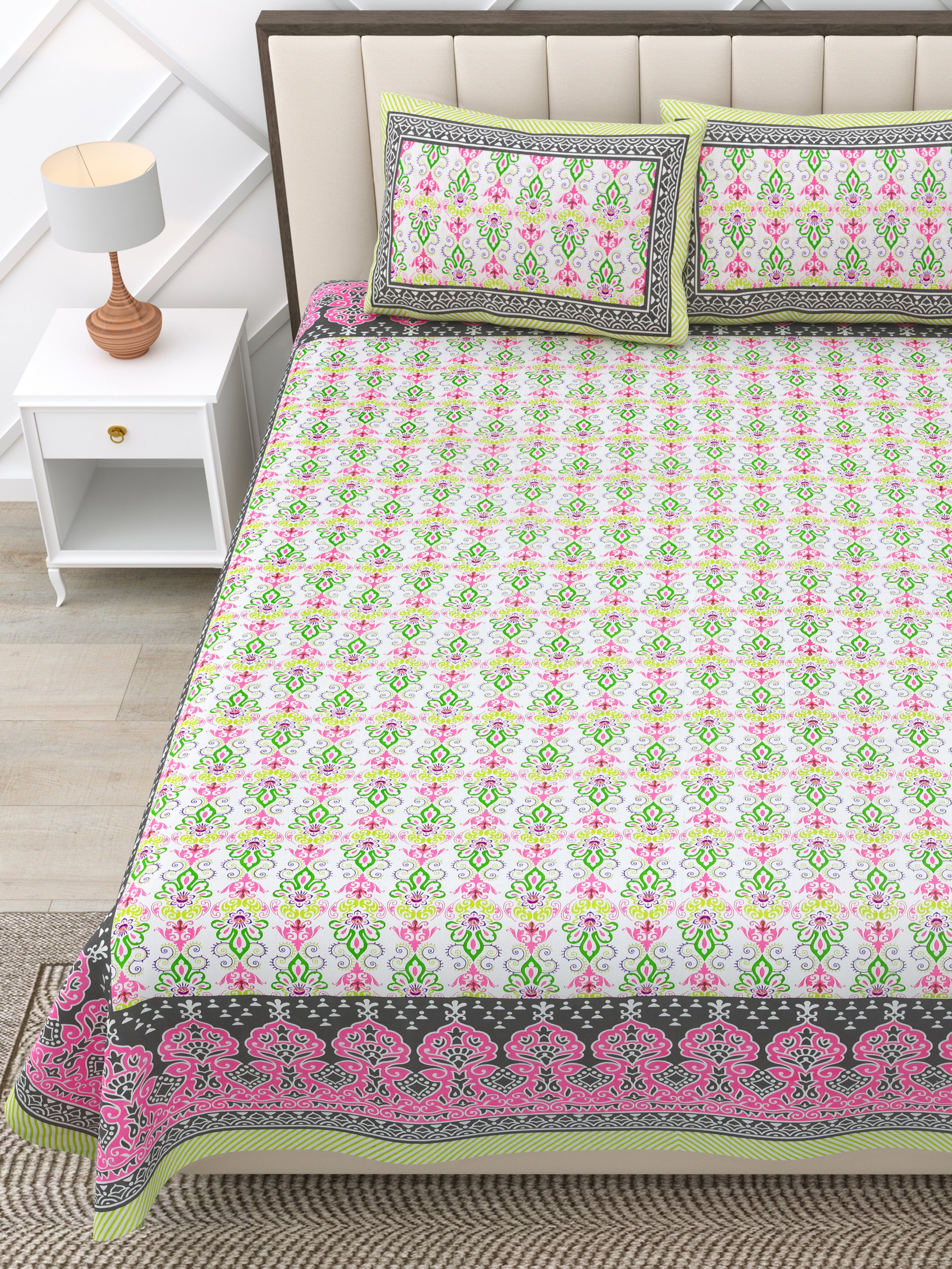 Pink Linear Motifs Jaipuri Print 100% Cotton 180 TC King Size BEDSHEET with 2 Pillow Cover - 90X108