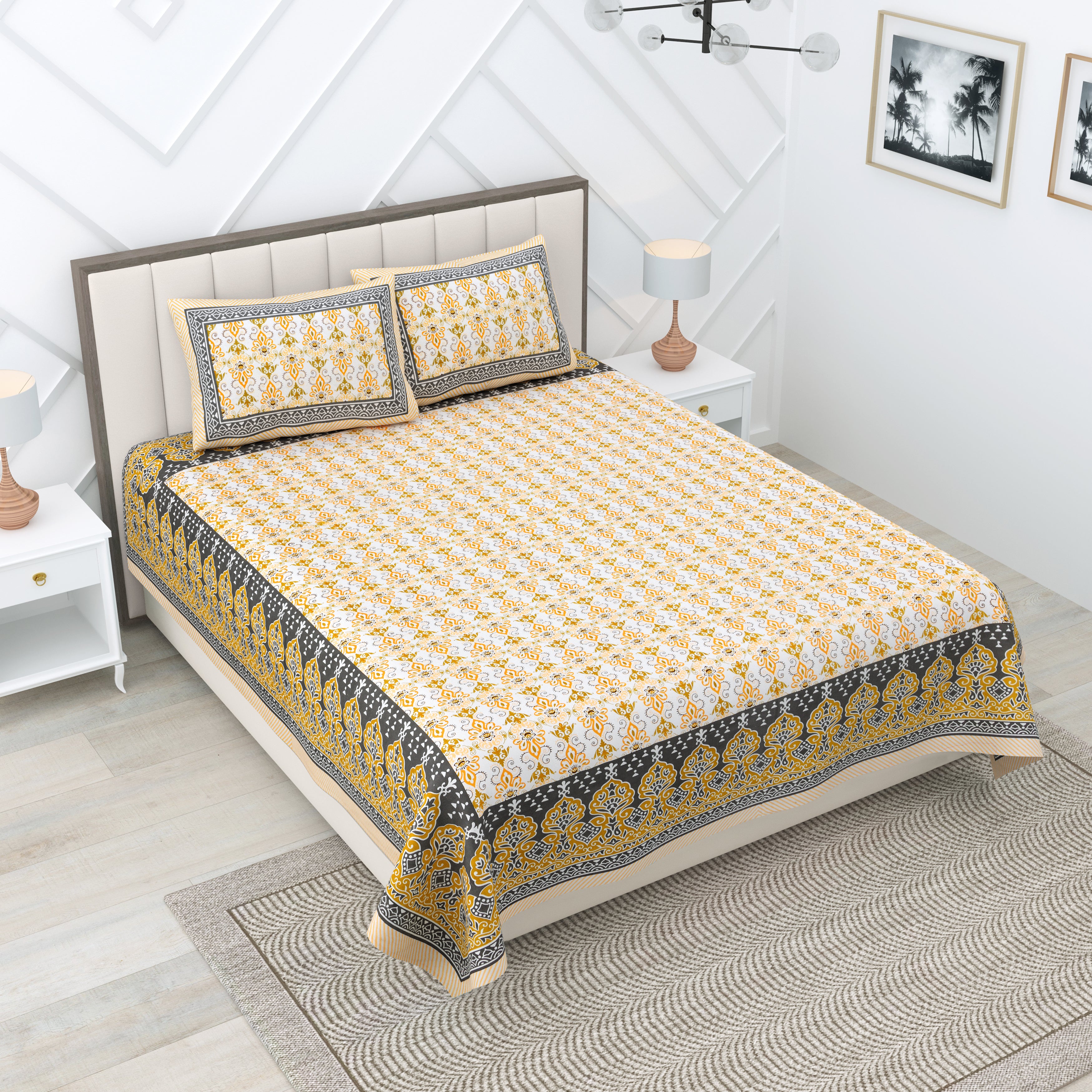 Yellow Linear Motifs Jaipuri Print 100% Cotton 180 TC King Size BEDSHEET with 2 Pillow Cover - 90X108 (Copy)
