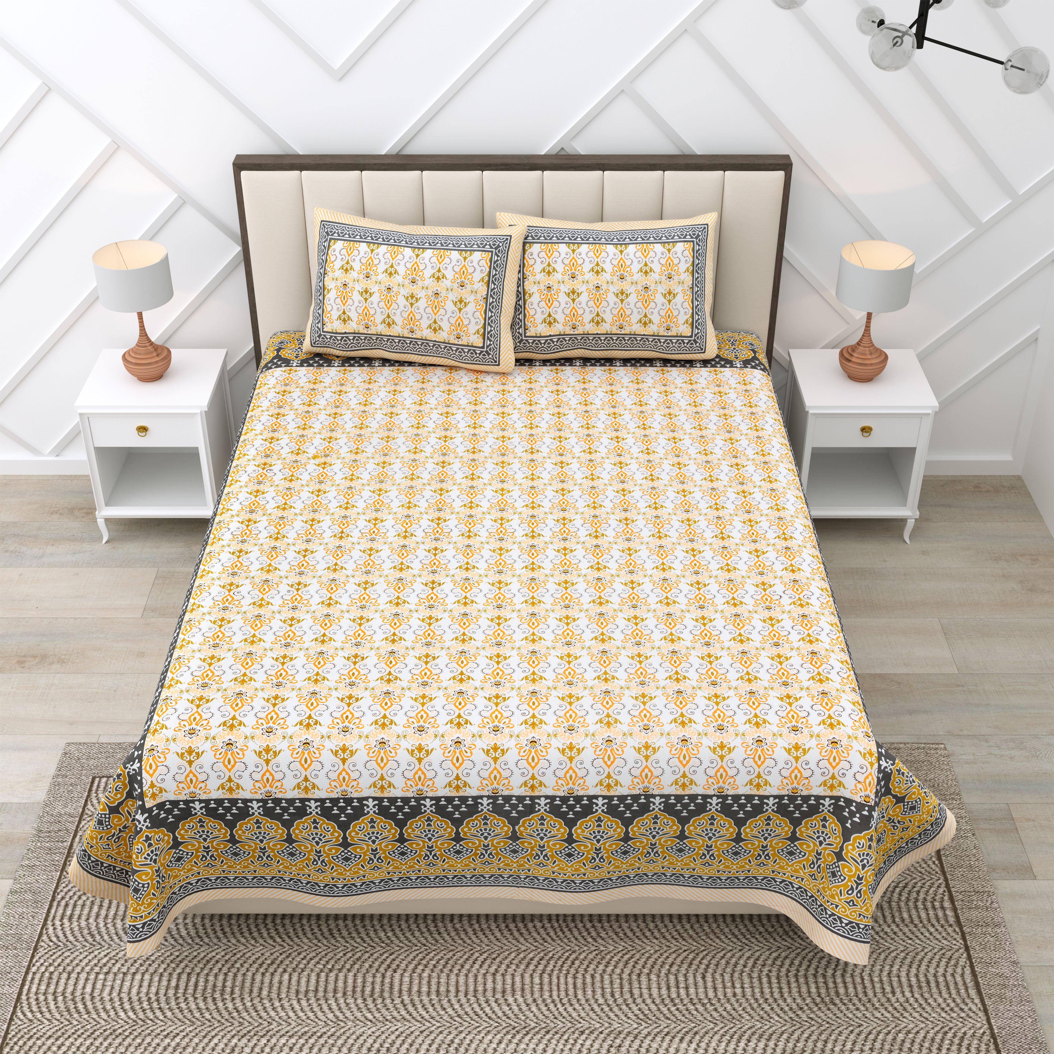 Yellow Linear Motifs Jaipuri Print 100% Cotton 180 TC King Size BEDSHEET with 2 Pillow Cover - 90X108 (Copy)