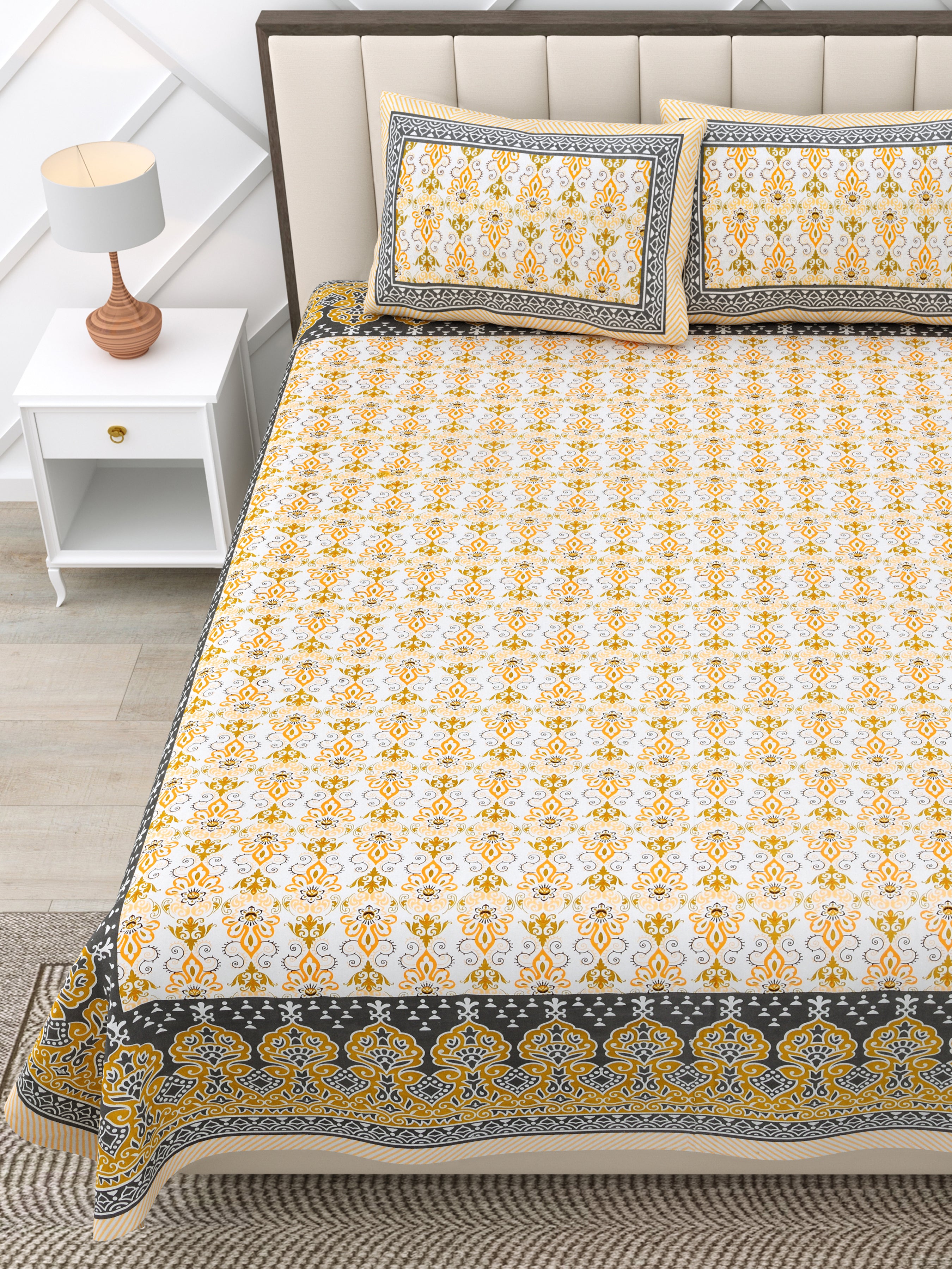 Yellow Linear Motifs Jaipuri Print 100% Cotton 180 TC King Size BEDSHEET with 2 Pillow Cover - 90X108 (Copy)
