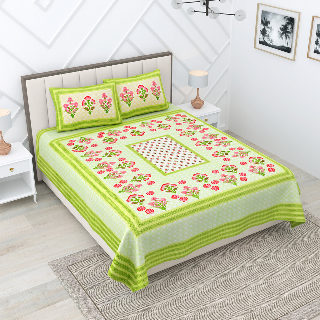 Green Floral Photoframe Jaipuri Print 100% Cotton 180 TC King Size BEDSHEET with 2 Pillow Cover - 90X108