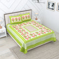 Green Floral Photoframe Jaipuri Print 100% Cotton 180 TC King Size BEDSHEET with 2 Pillow Cover - 90X108