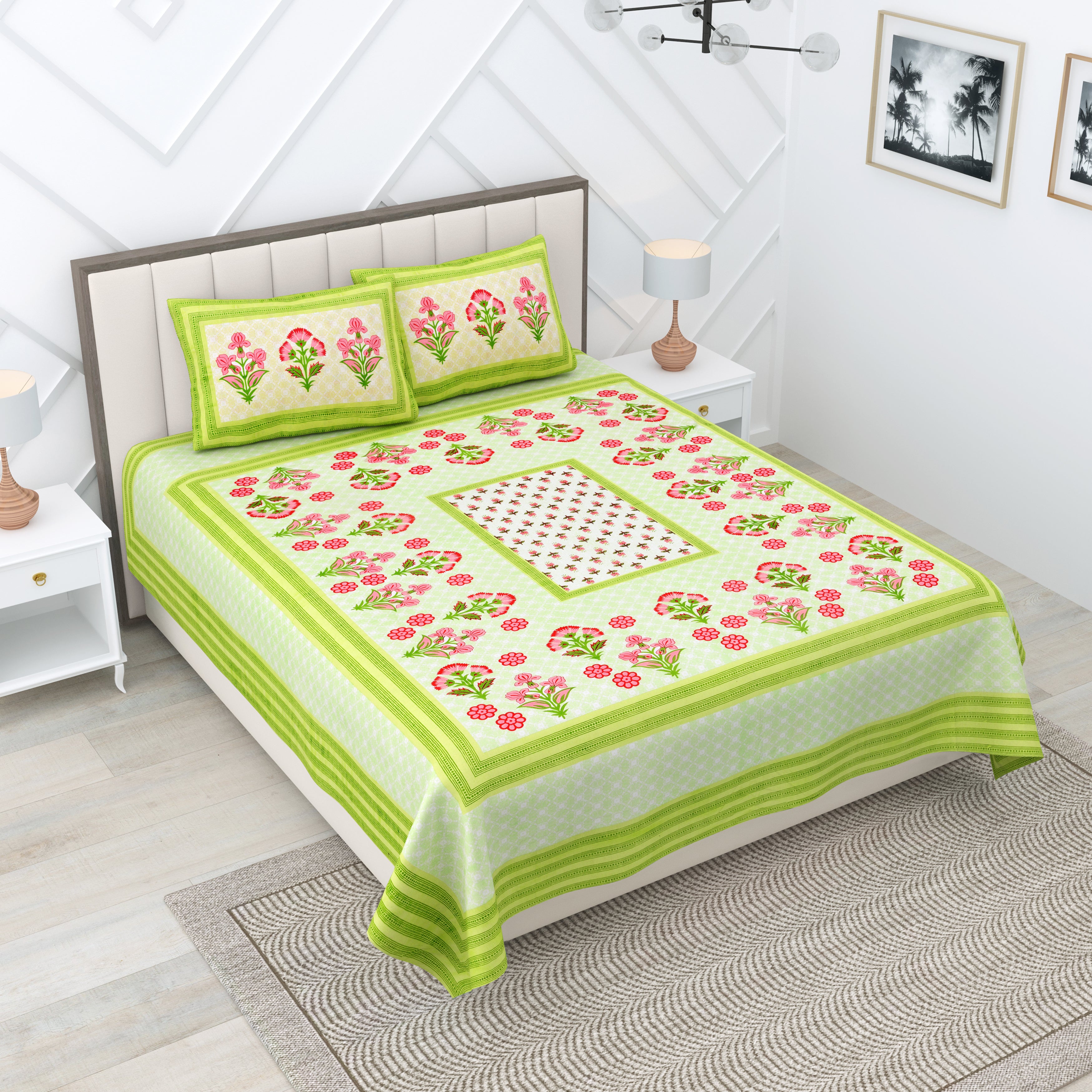 Green Floral Photoframe Jaipuri Print 100% Cotton 180 TC King Size BEDSHEET with 2 Pillow Cover - 90X108