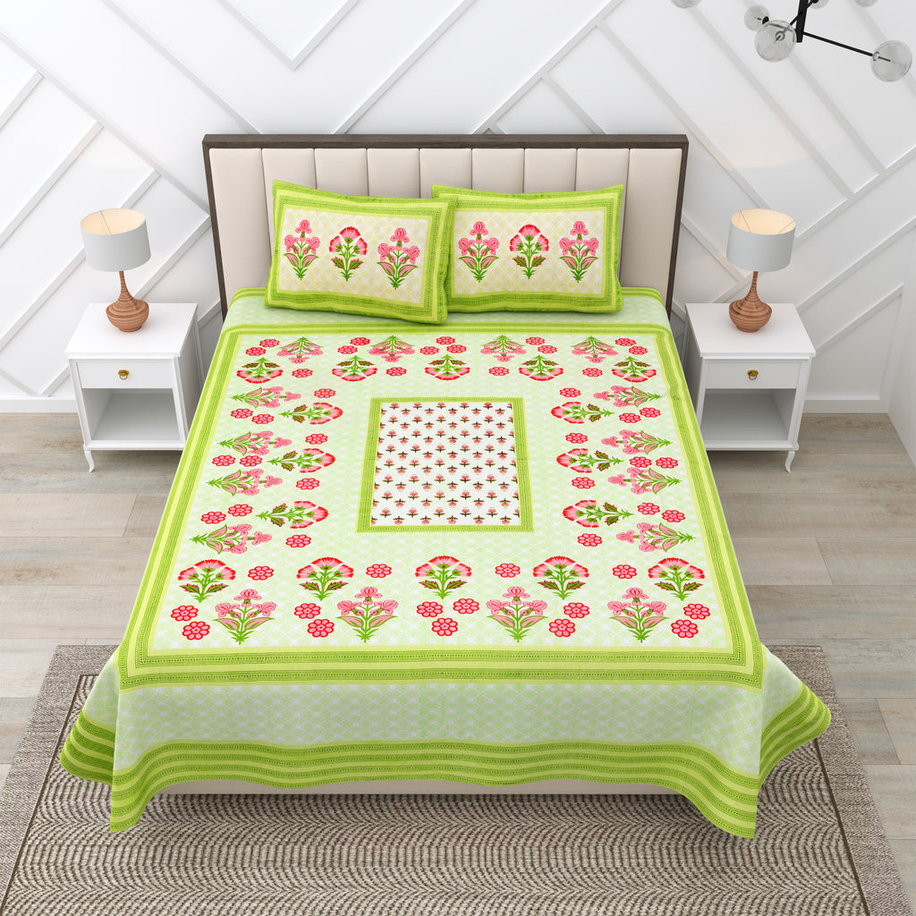 Green Floral Photoframe Jaipuri Print 100% Cotton 180 TC King Size BEDSHEET with 2 Pillow Cover - 90X108