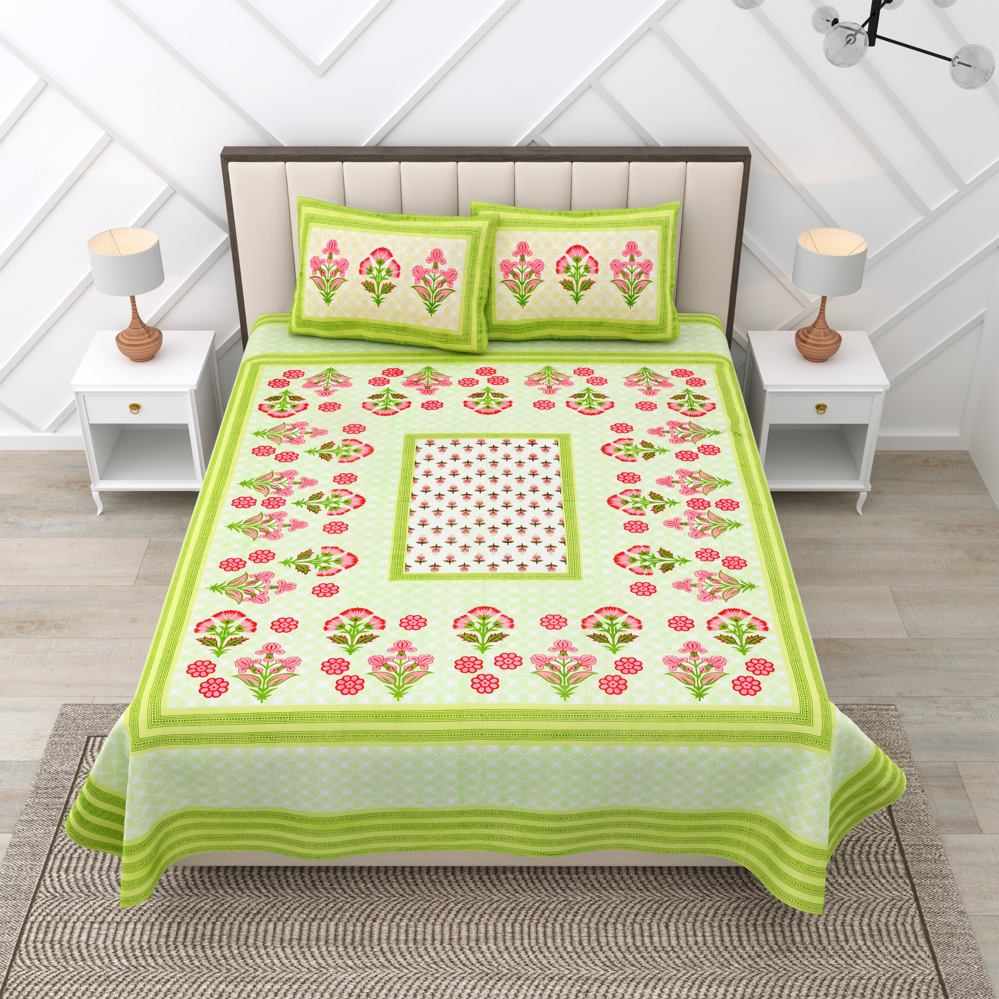 Green Floral Photoframe Jaipuri Print 100% Cotton 180 TC King Size BEDSHEET with 2 Pillow Cover - 90X108