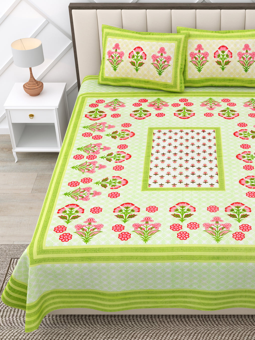 Green Floral Photoframe Jaipuri Print 100% Cotton 180 TC King Size BEDSHEET with 2 Pillow Cover - 90X108
