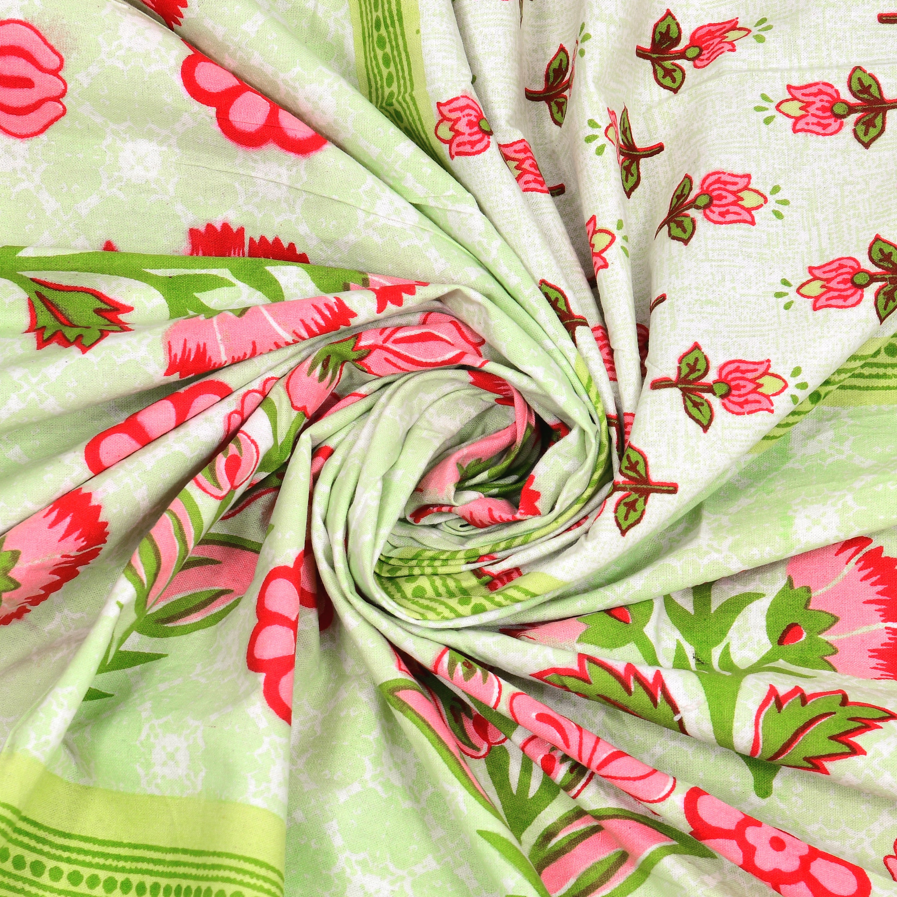 Green Floral Photoframe Jaipuri Print 100% Cotton 180 TC King Size BEDSHEET with 2 Pillow Cover - 90X108