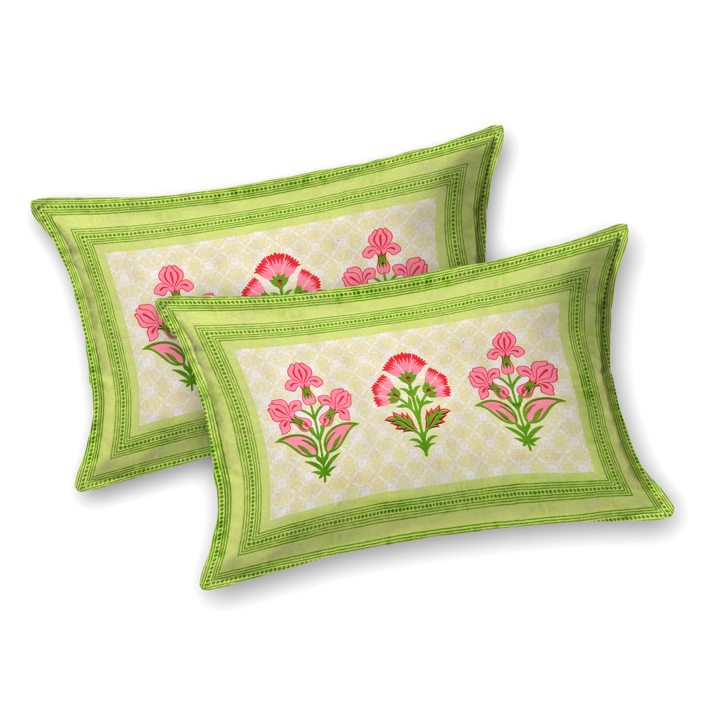 Green Floral Photoframe Jaipuri Print 100% Cotton 180 TC King Size BEDSHEET with 2 Pillow Cover - 90X108