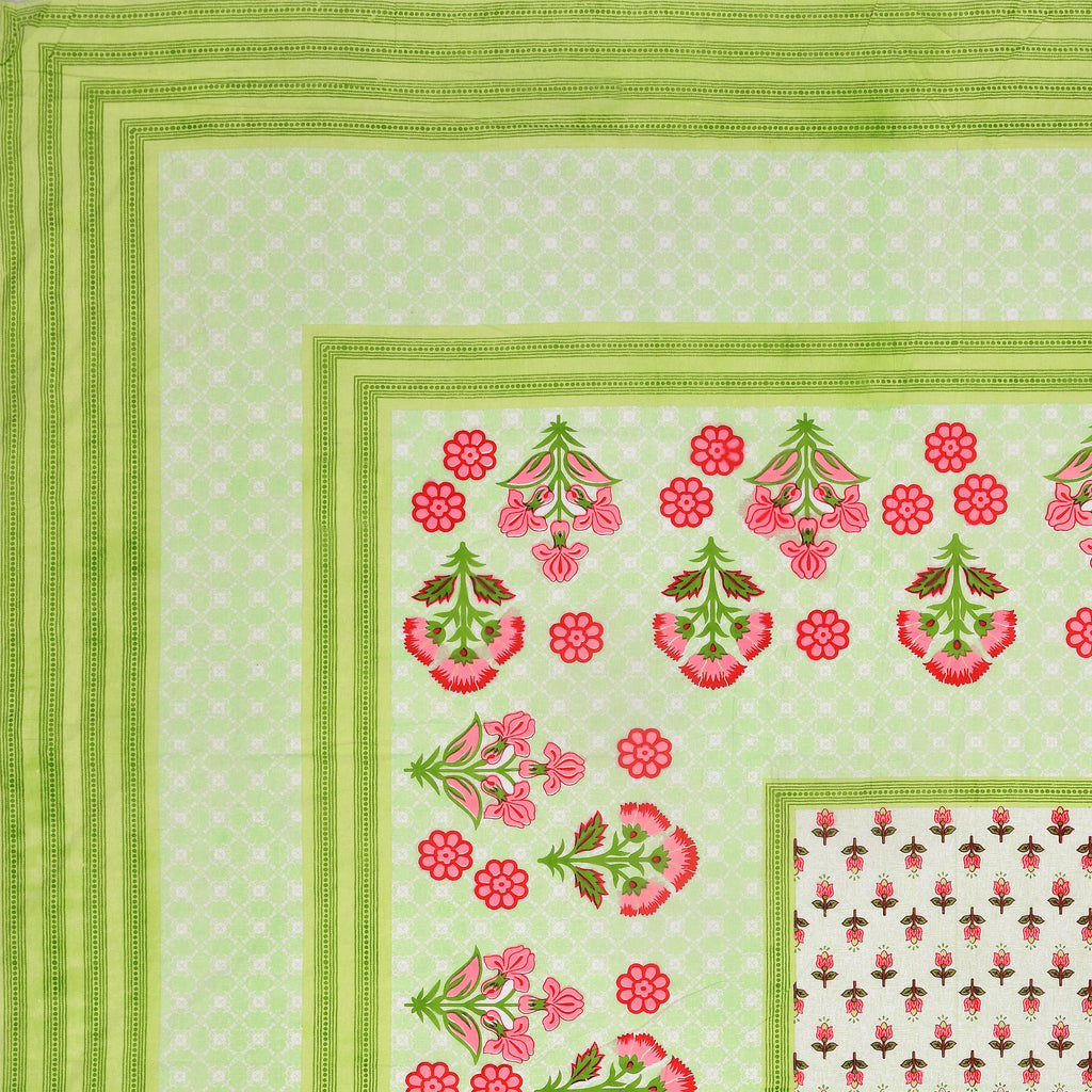 Green Floral Photoframe Jaipuri Print 100% Cotton 180 TC King Size BEDSHEET with 2 Pillow Cover - 90X108