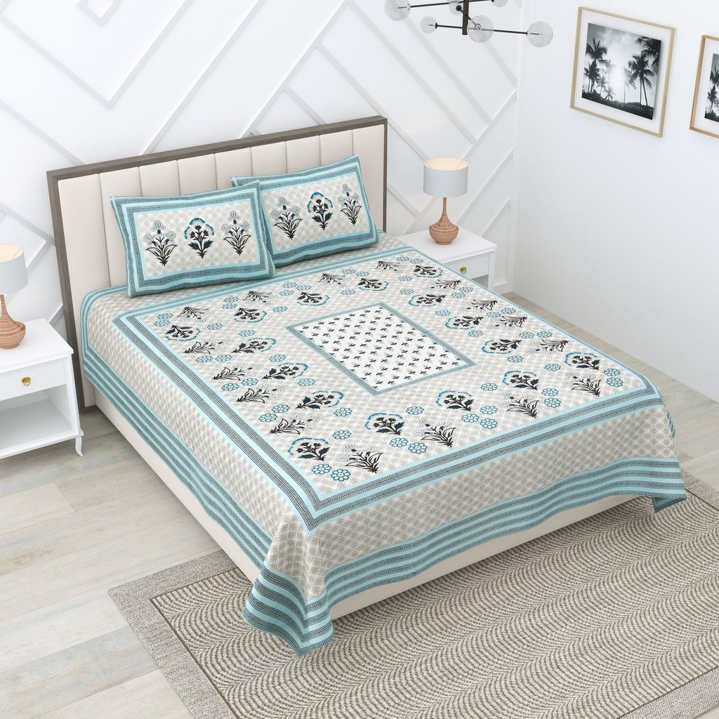 Grey Floral Photoframe Jaipuri Print 100% Cotton 180 TC King Size BEDSHEET with 2 Pillow Cover - 90X108