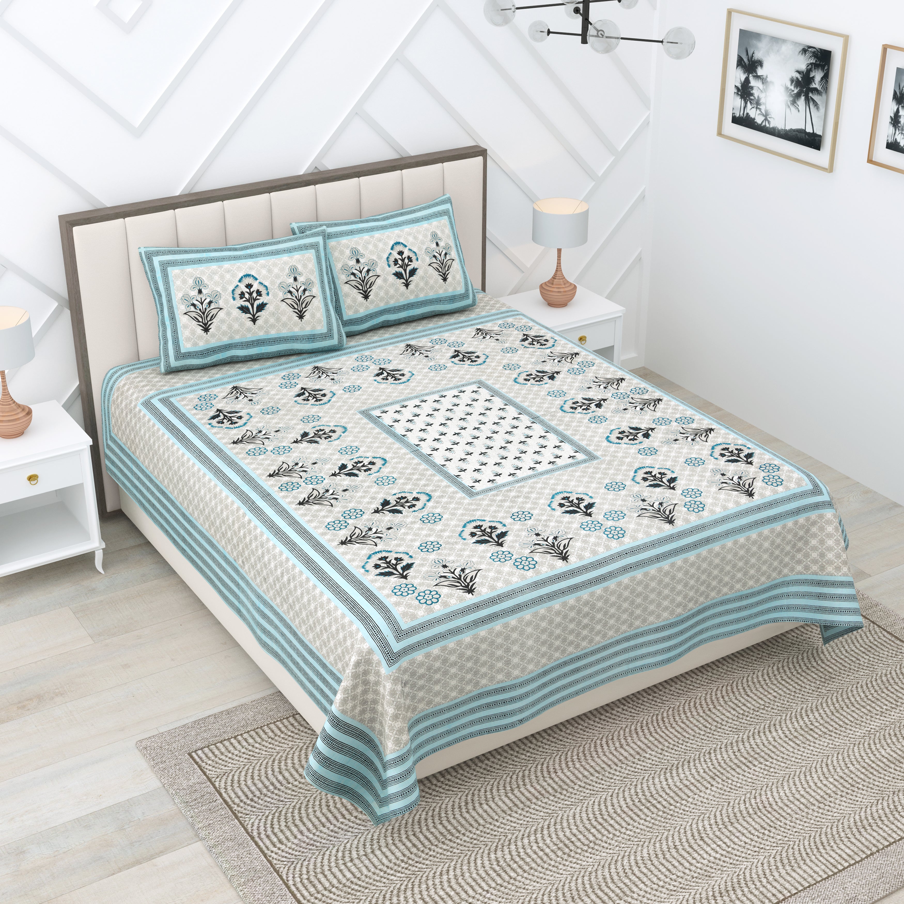 Grey Floral Photoframe Jaipuri Print 100% Cotton 180 TC King Size BEDSHEET with 2 Pillow Cover - 90X108