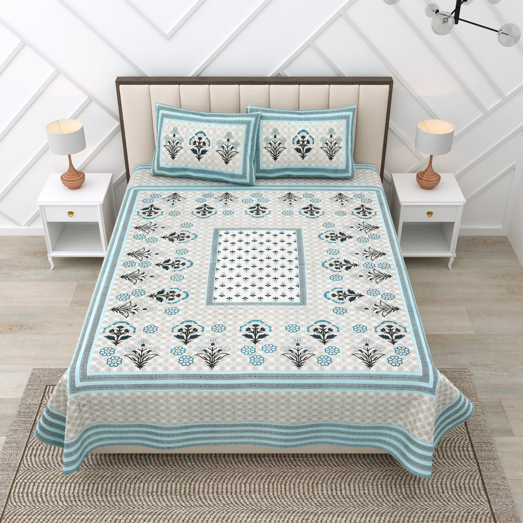 Grey Floral Photoframe Jaipuri Print 100% Cotton 180 TC King Size BEDSHEET with 2 Pillow Cover - 90X108