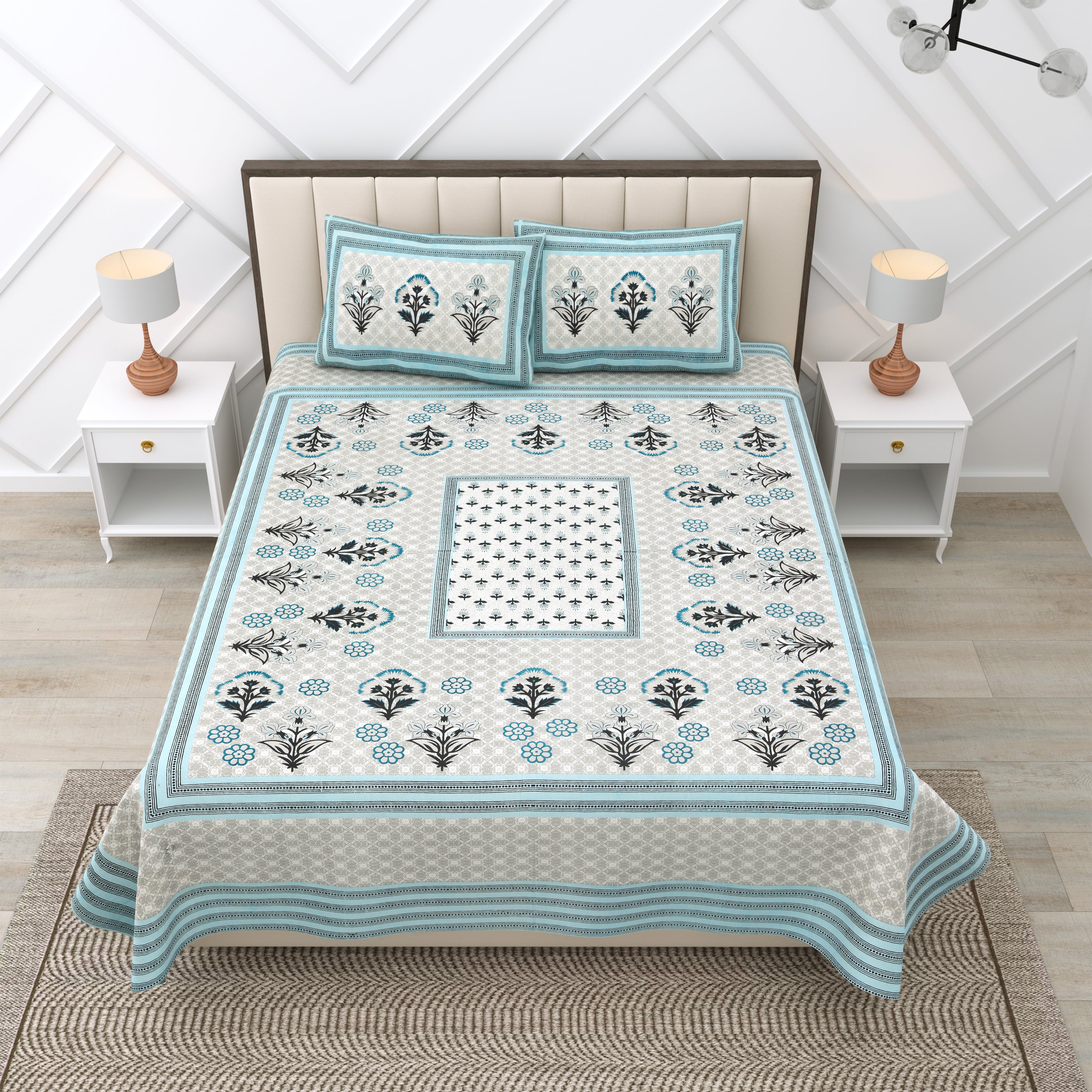 Grey Floral Photoframe Jaipuri Print 100% Cotton 180 TC King Size BEDSHEET with 2 Pillow Cover - 90X108