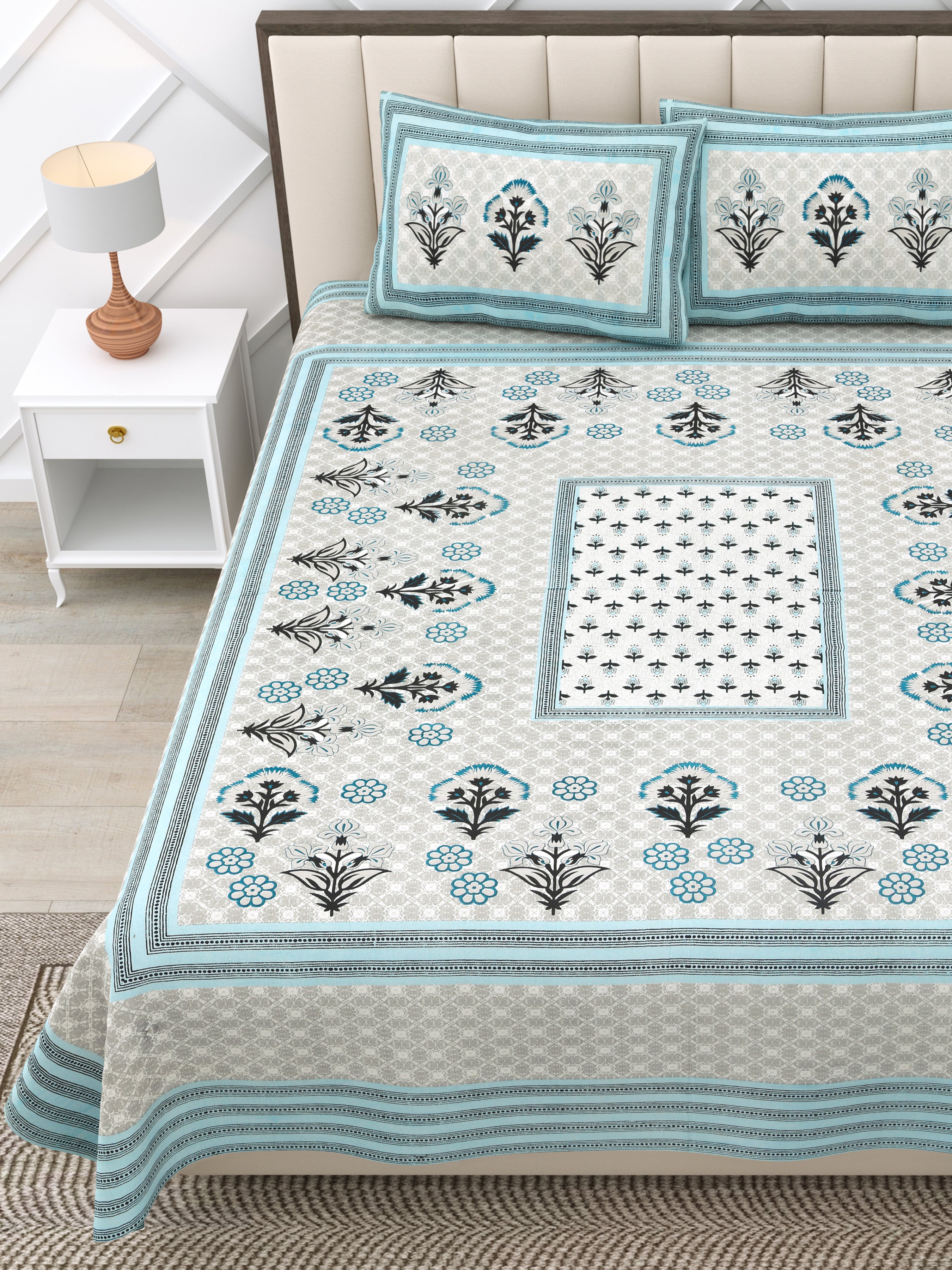 Grey Floral Photoframe Jaipuri Print 100% Cotton 180 TC King Size BEDSHEET with 2 Pillow Cover - 90X108