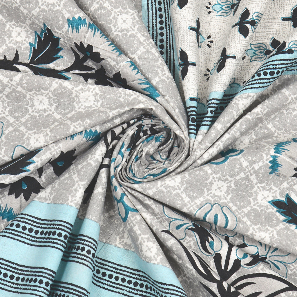 Grey Floral Photoframe Jaipuri Print 100% Cotton 180 TC King Size BEDSHEET with 2 Pillow Cover - 90X108