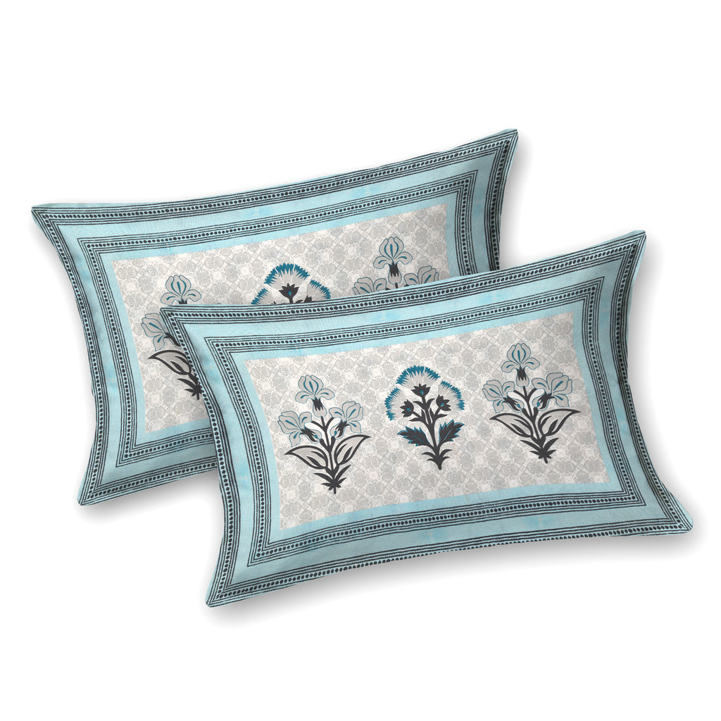 Grey Floral Photoframe Jaipuri Print 100% Cotton 180 TC King Size BEDSHEET with 2 Pillow Cover - 90X108