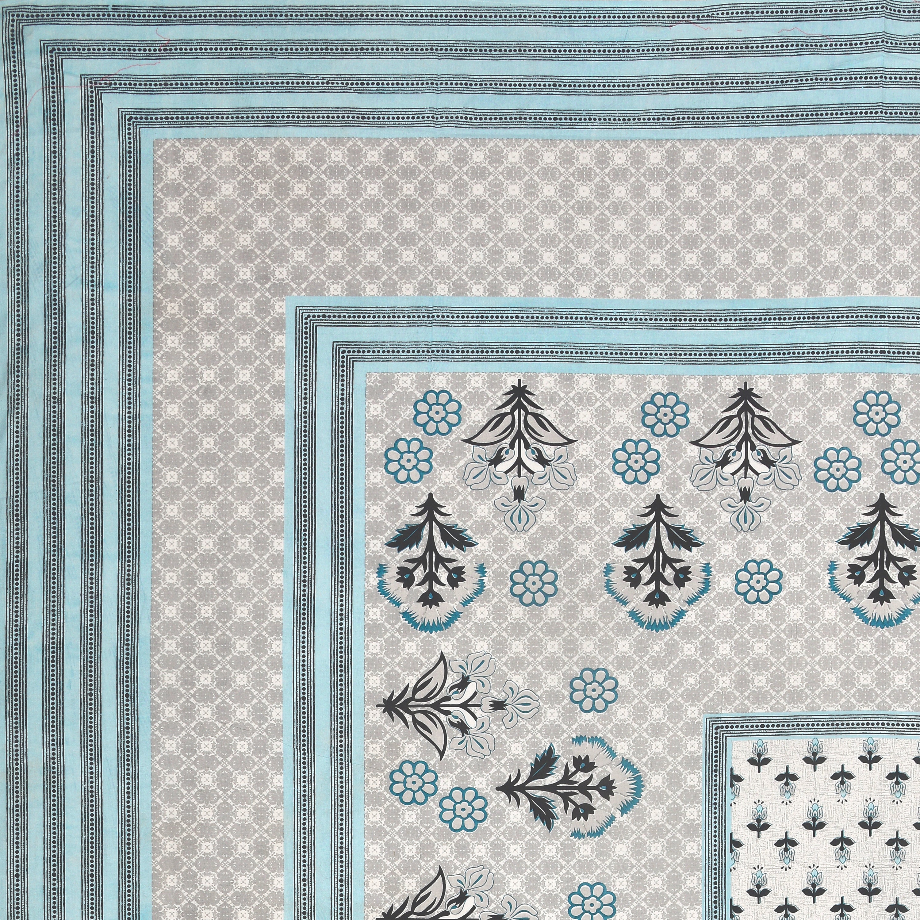 Grey Floral Photoframe Jaipuri Print 100% Cotton 180 TC King Size BEDSHEET with 2 Pillow Cover - 90X108