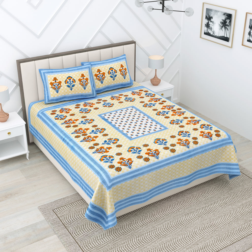 Blue Floral Photoframe Jaipuri Print 100% Cotton 180 TC King Size BEDSHEET with 2 Pillow Cover - 90X108