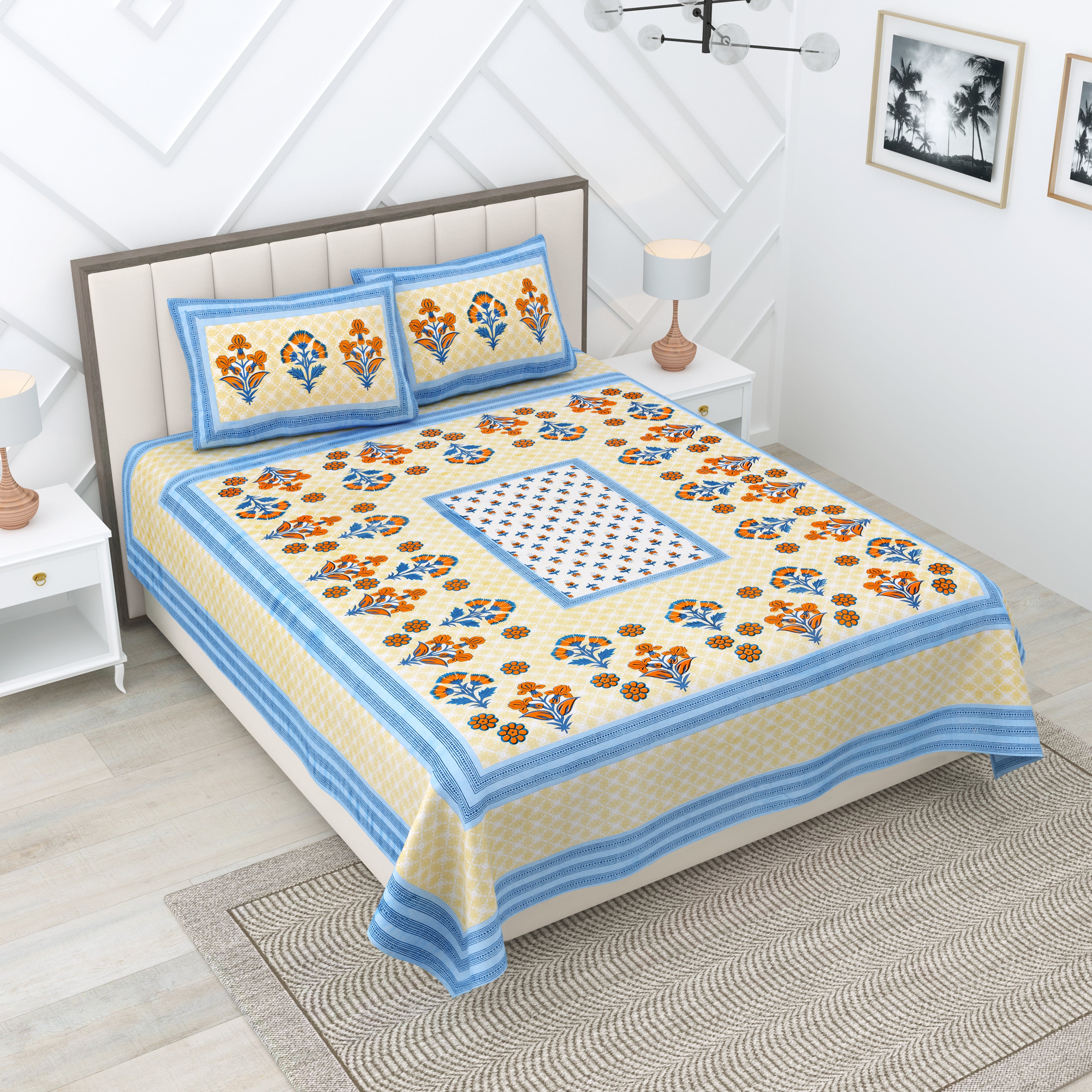 Blue Floral Photoframe Jaipuri Print 100% Cotton 180 TC King Size BEDSHEET with 2 Pillow Cover - 90X108