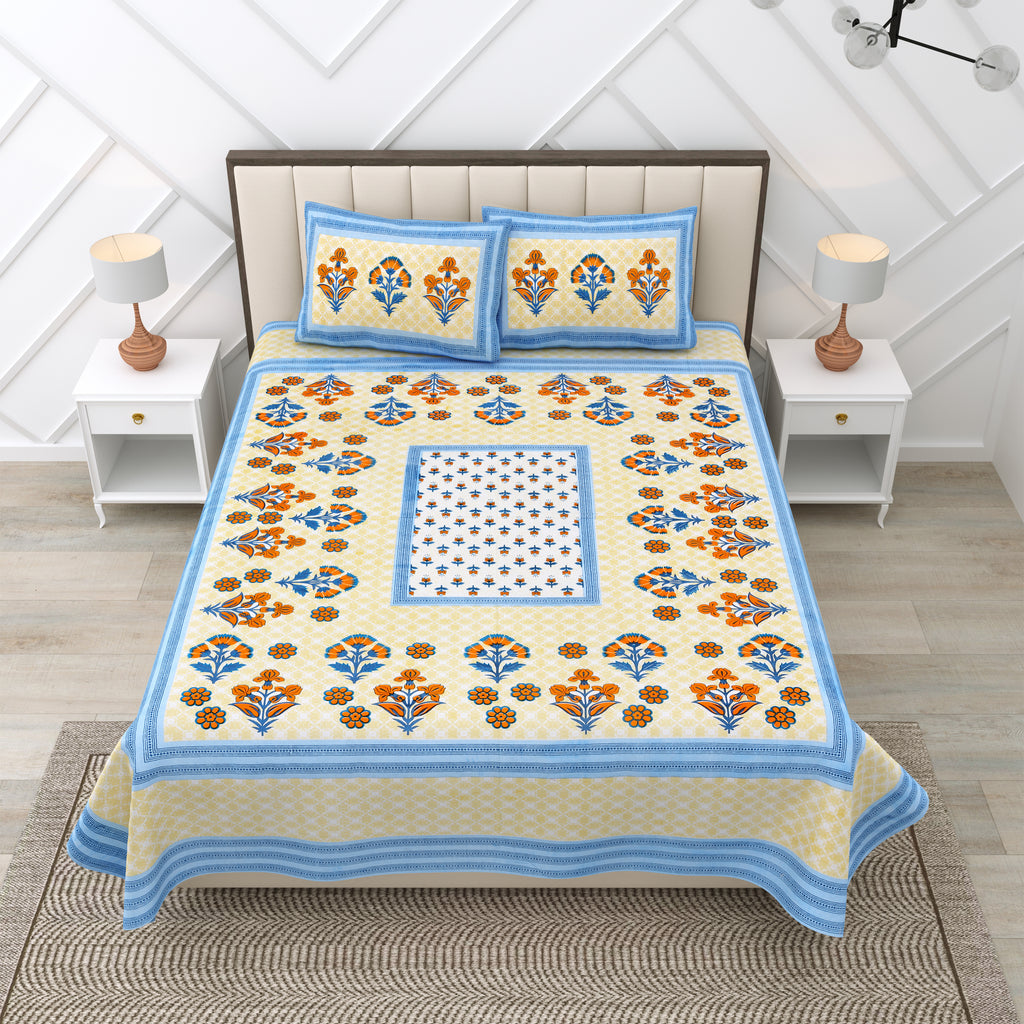 Blue Floral Photoframe Jaipuri Print 100% Cotton 180 TC King Size BEDSHEET with 2 Pillow Cover - 90X108