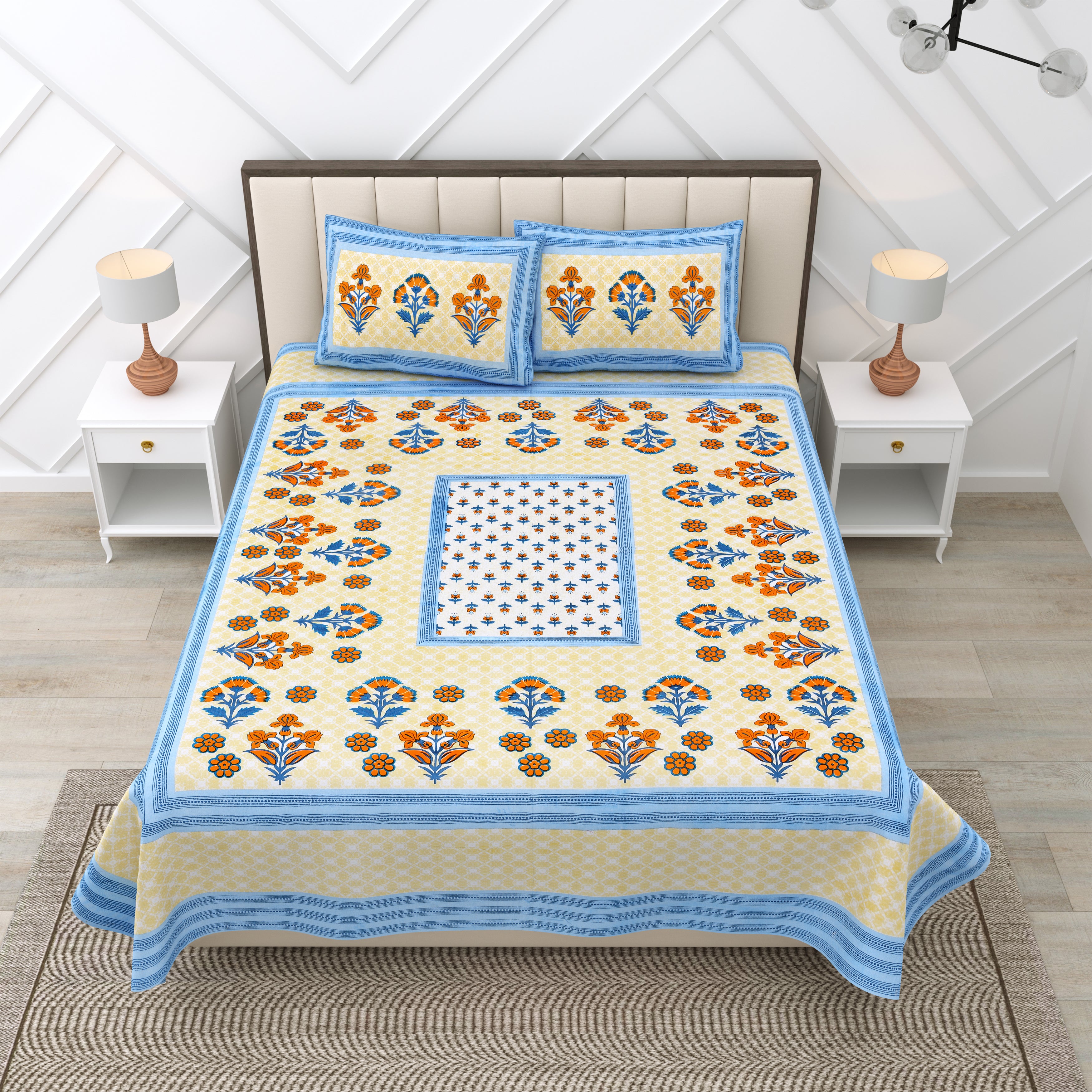 Blue Floral Photoframe Jaipuri Print 100% Cotton 180 TC King Size BEDSHEET with 2 Pillow Cover - 90X108
