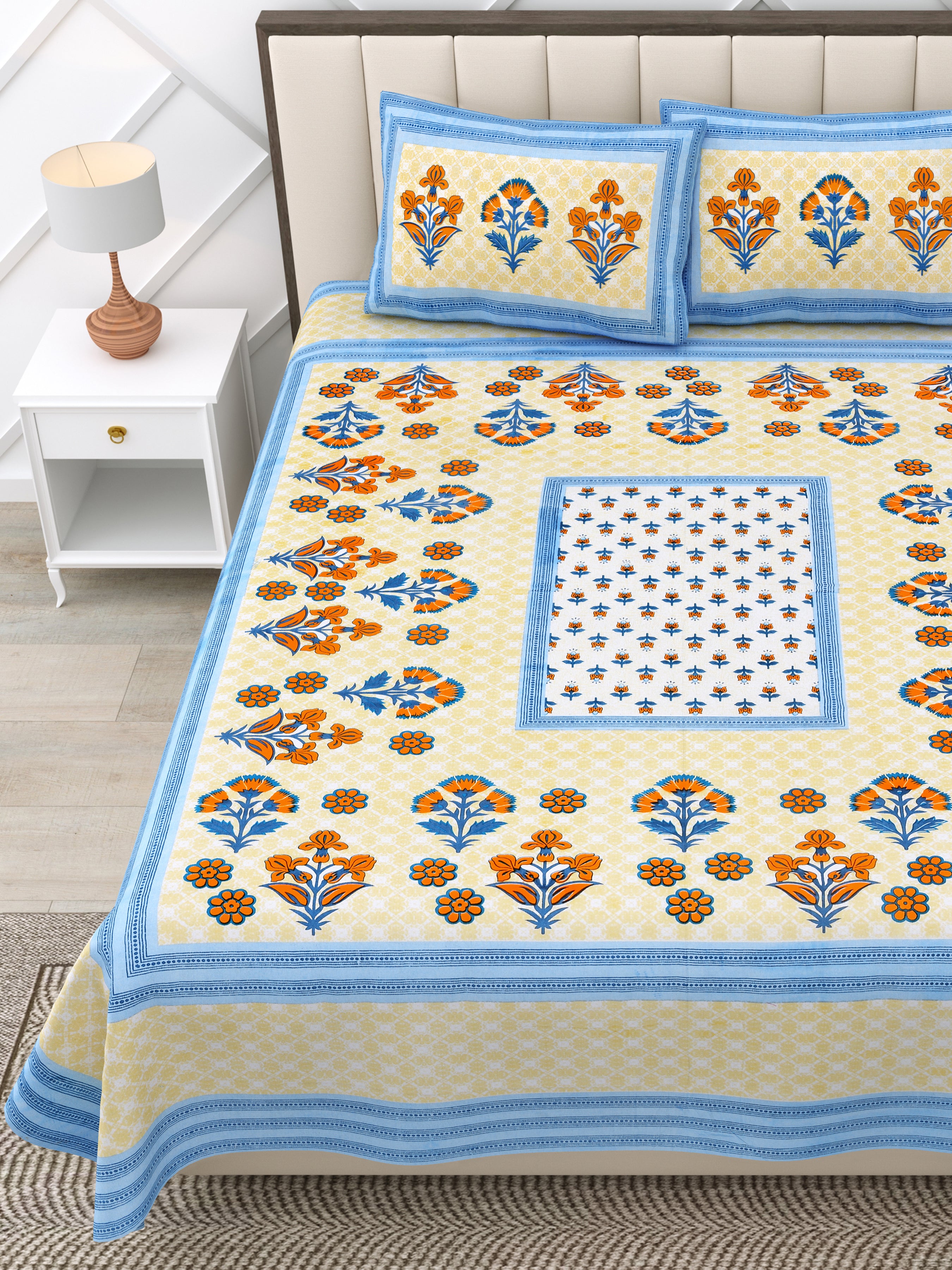Blue Floral Photoframe Jaipuri Print 100% Cotton 180 TC King Size BEDSHEET with 2 Pillow Cover - 90X108