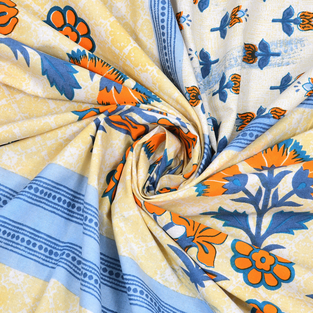 Blue Floral Photoframe Jaipuri Print 100% Cotton 180 TC King Size BEDSHEET with 2 Pillow Cover - 90X108