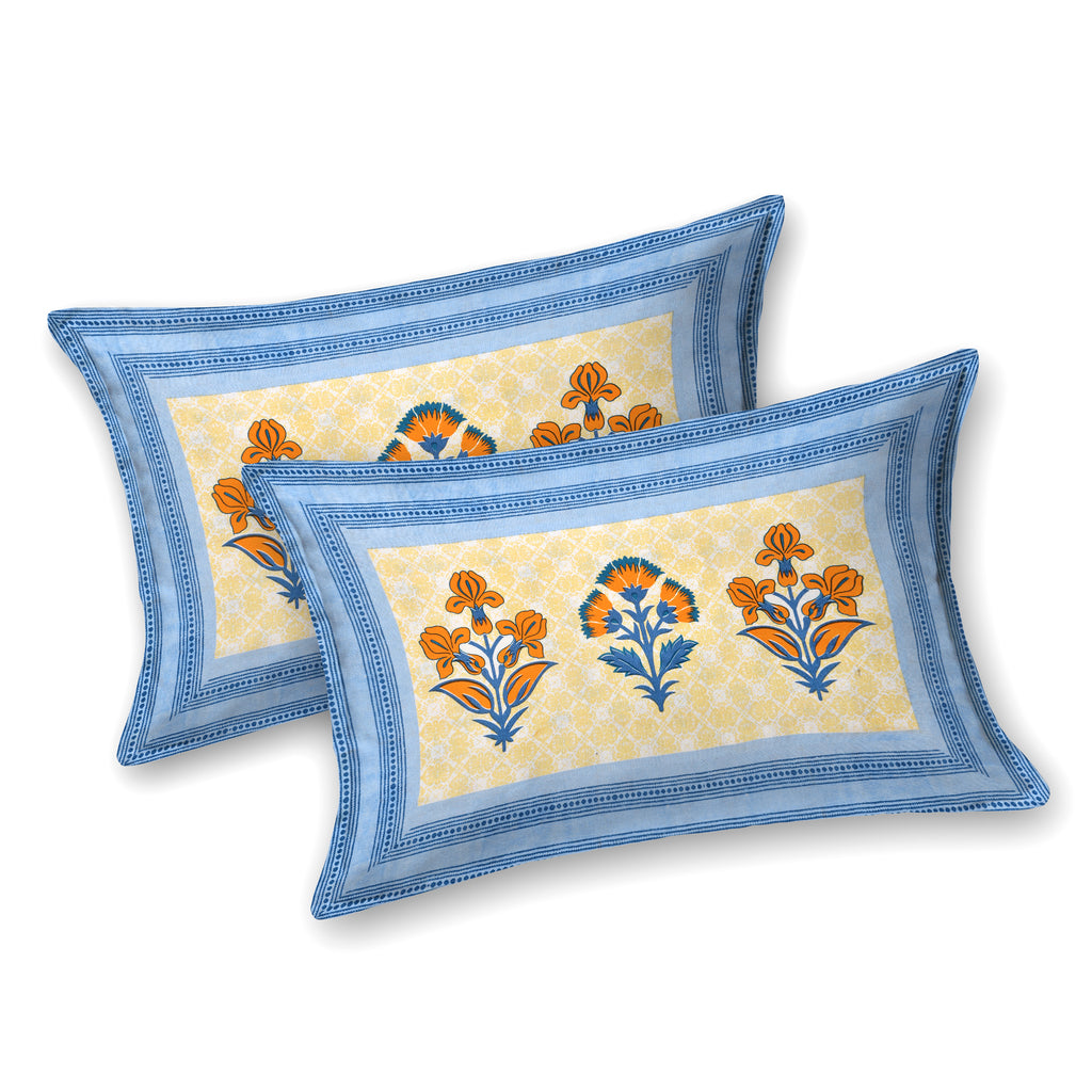 Blue Floral Photoframe Jaipuri Print 100% Cotton 180 TC King Size BEDSHEET with 2 Pillow Cover - 90X108