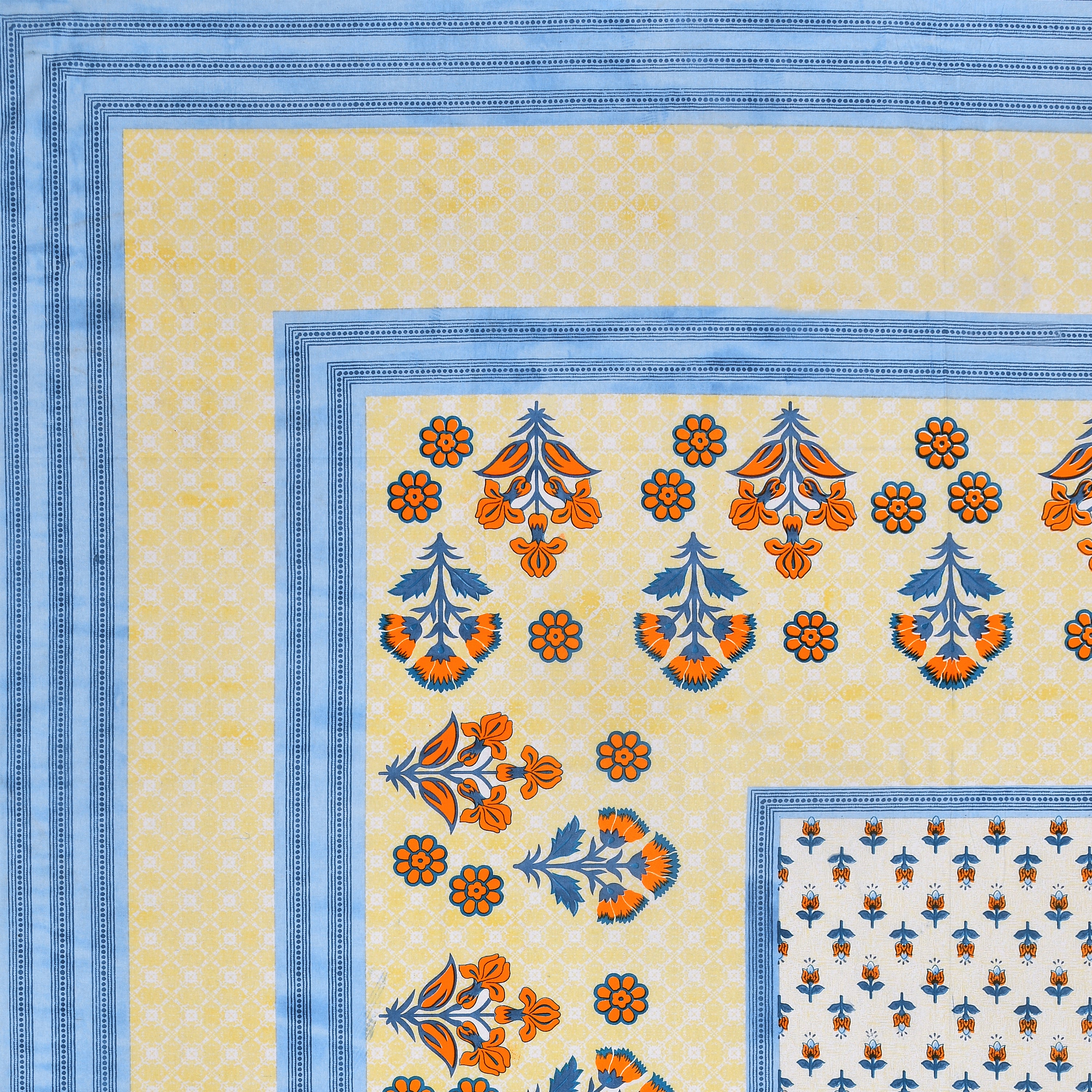 Blue Floral Photoframe Jaipuri Print 100% Cotton 180 TC King Size BEDSHEET with 2 Pillow Cover - 90X108