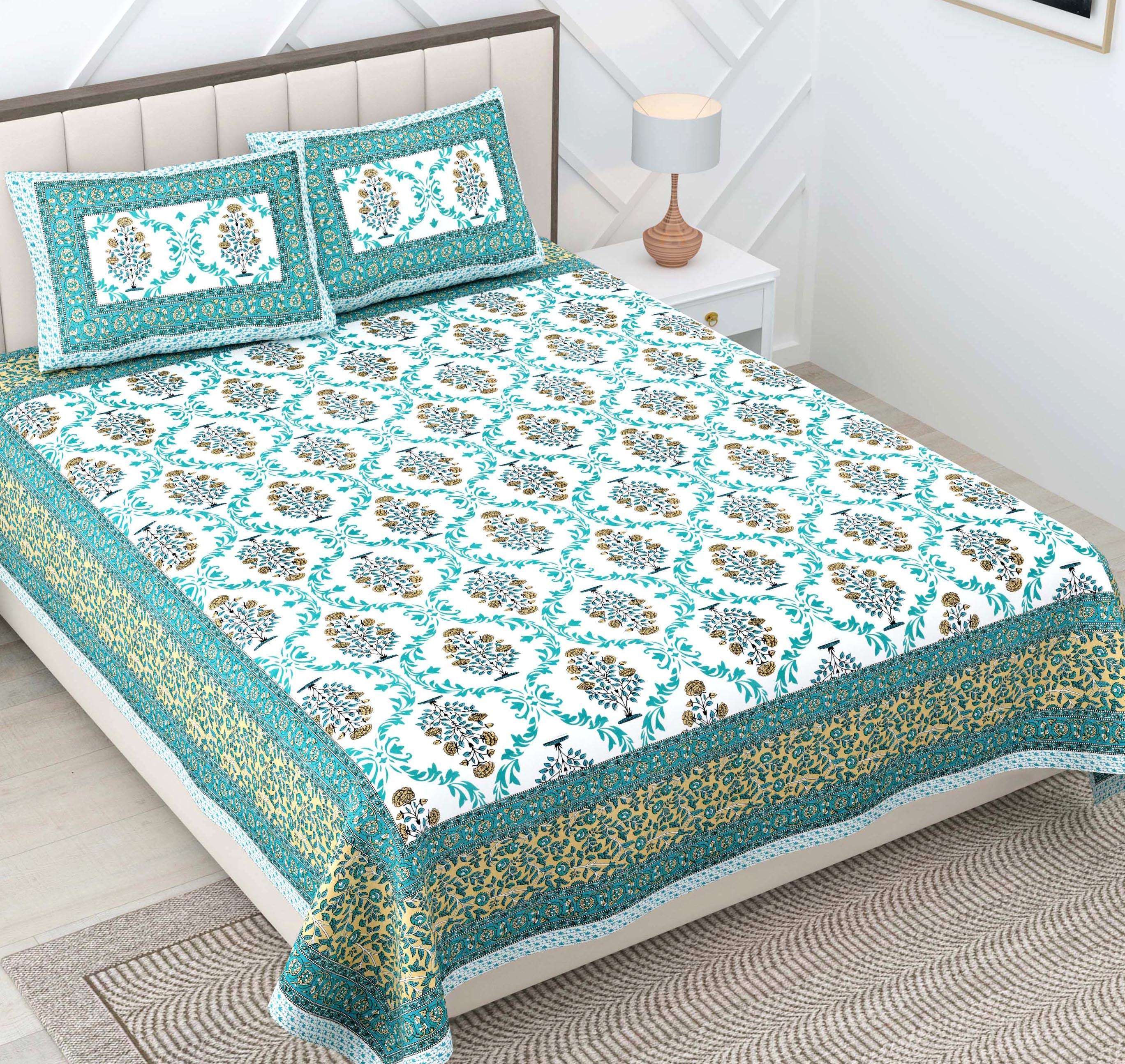 Teal Green Motif 100% Cotton 180 TC King Size BEDSHEET with 2 Pillow Cover - 90X108