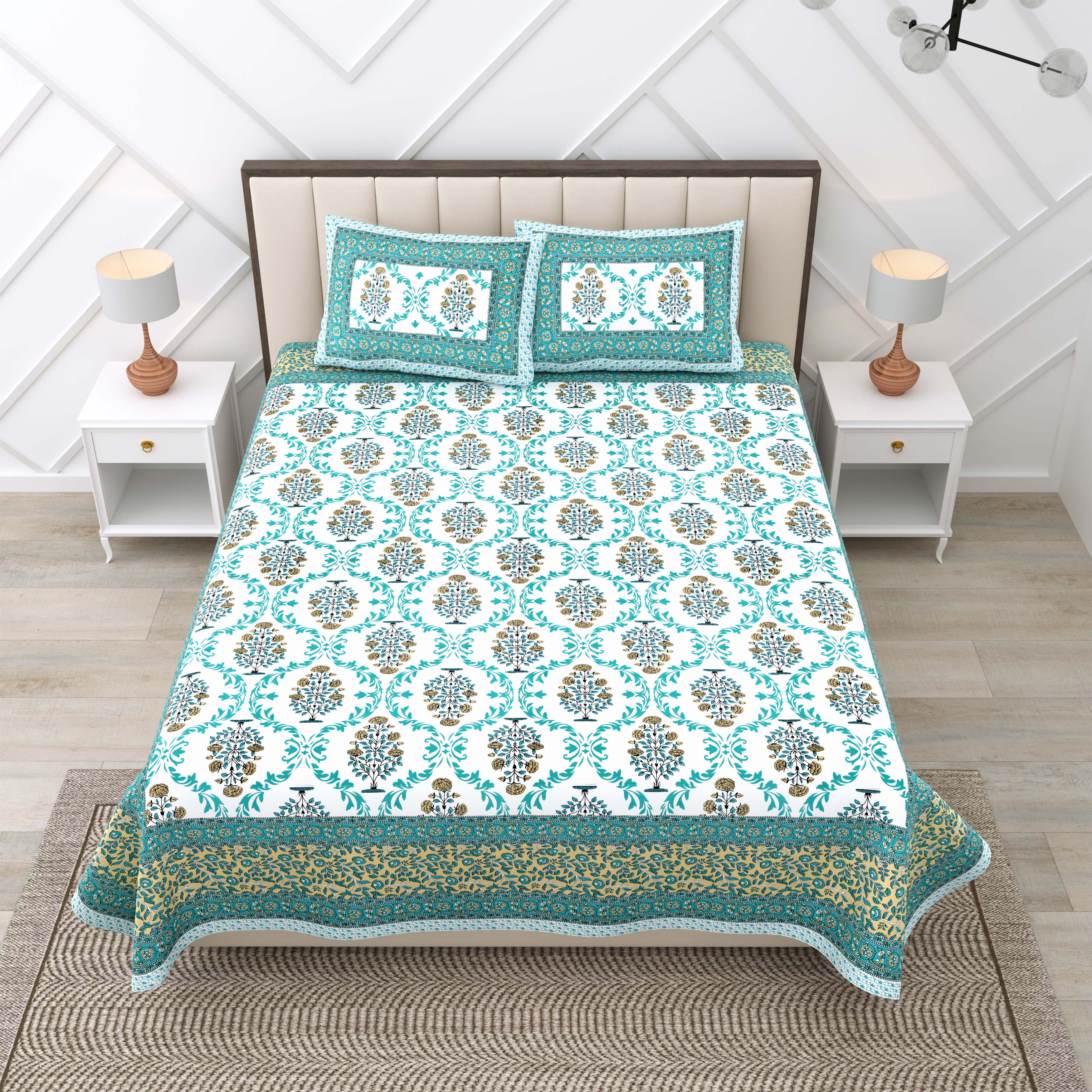 Teal Green Motif 100% Cotton 180 TC King Size BEDSHEET with 2 Pillow Cover - 90X108