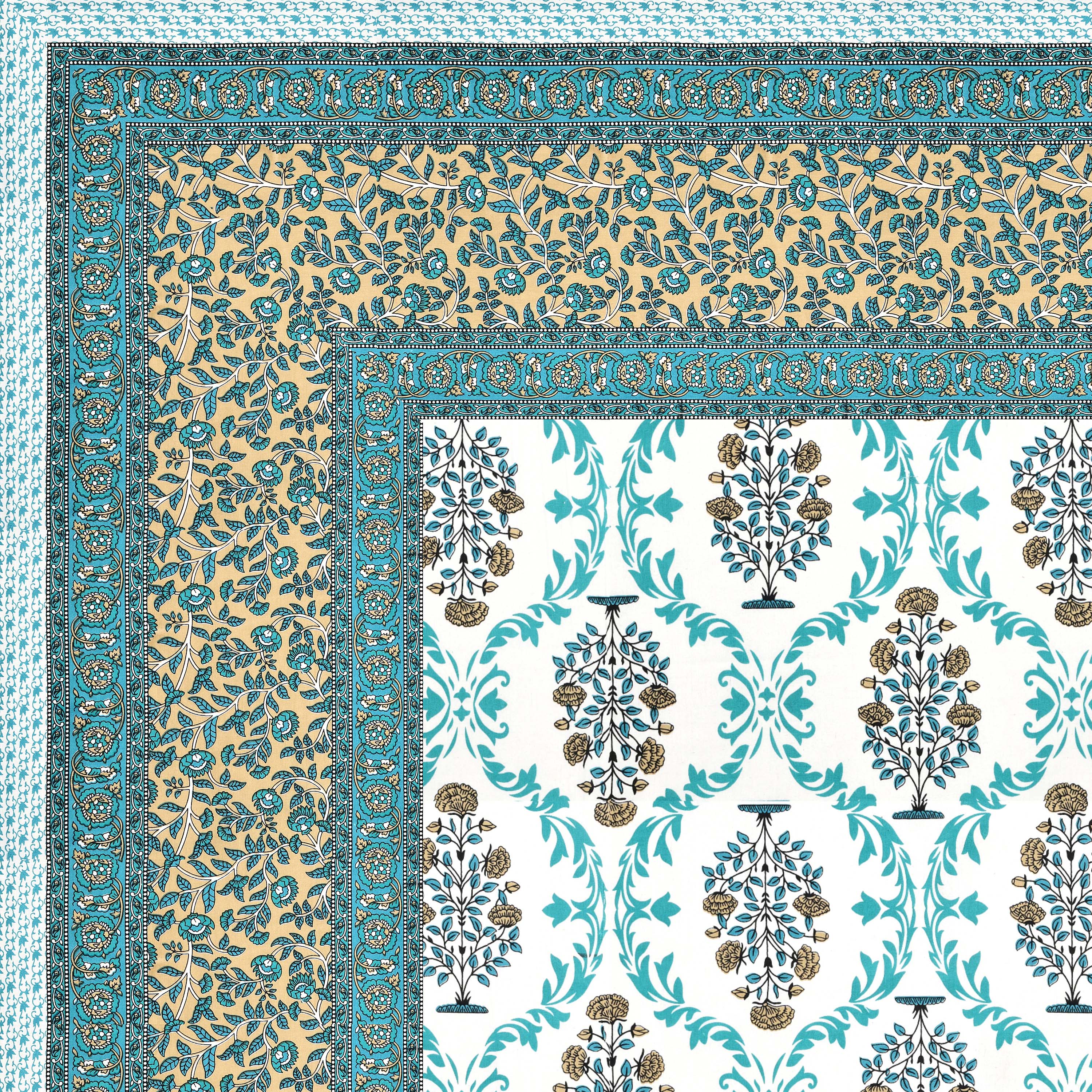 Teal Green Motif 100% Cotton 180 TC King Size BEDSHEET with 2 Pillow Cover - 90X108