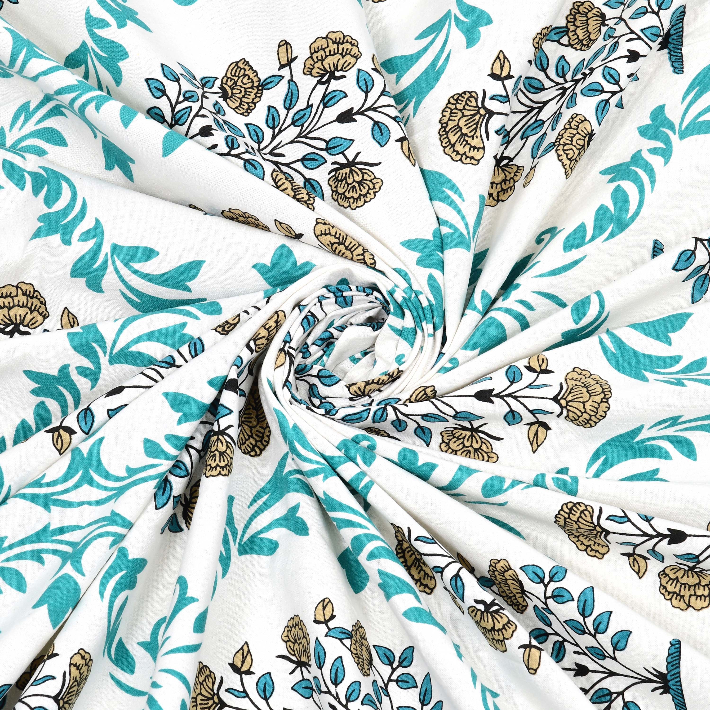 Teal Green Motif 100% Cotton 180 TC King Size BEDSHEET with 2 Pillow Cover - 90X108