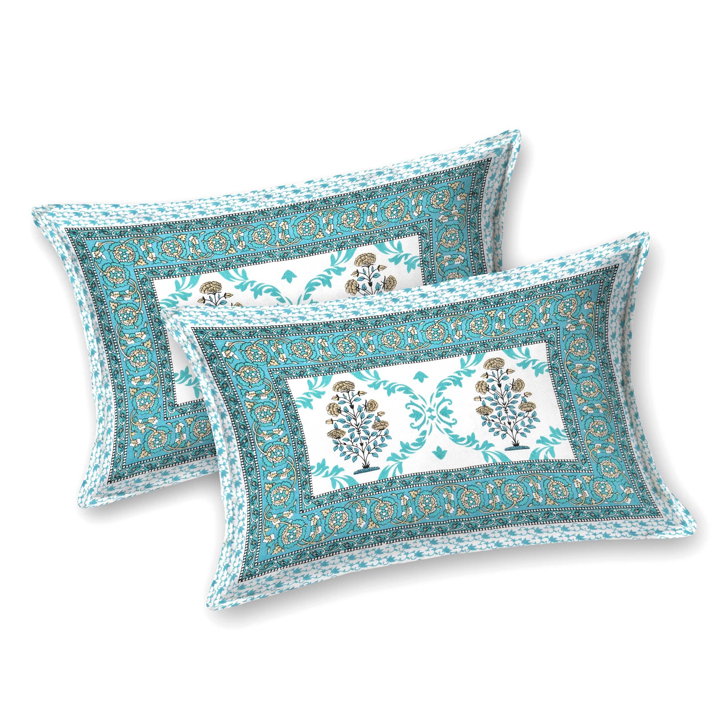 Teal Green Motif 100% Cotton 180 TC King Size BEDSHEET with 2 Pillow Cover - 90X108