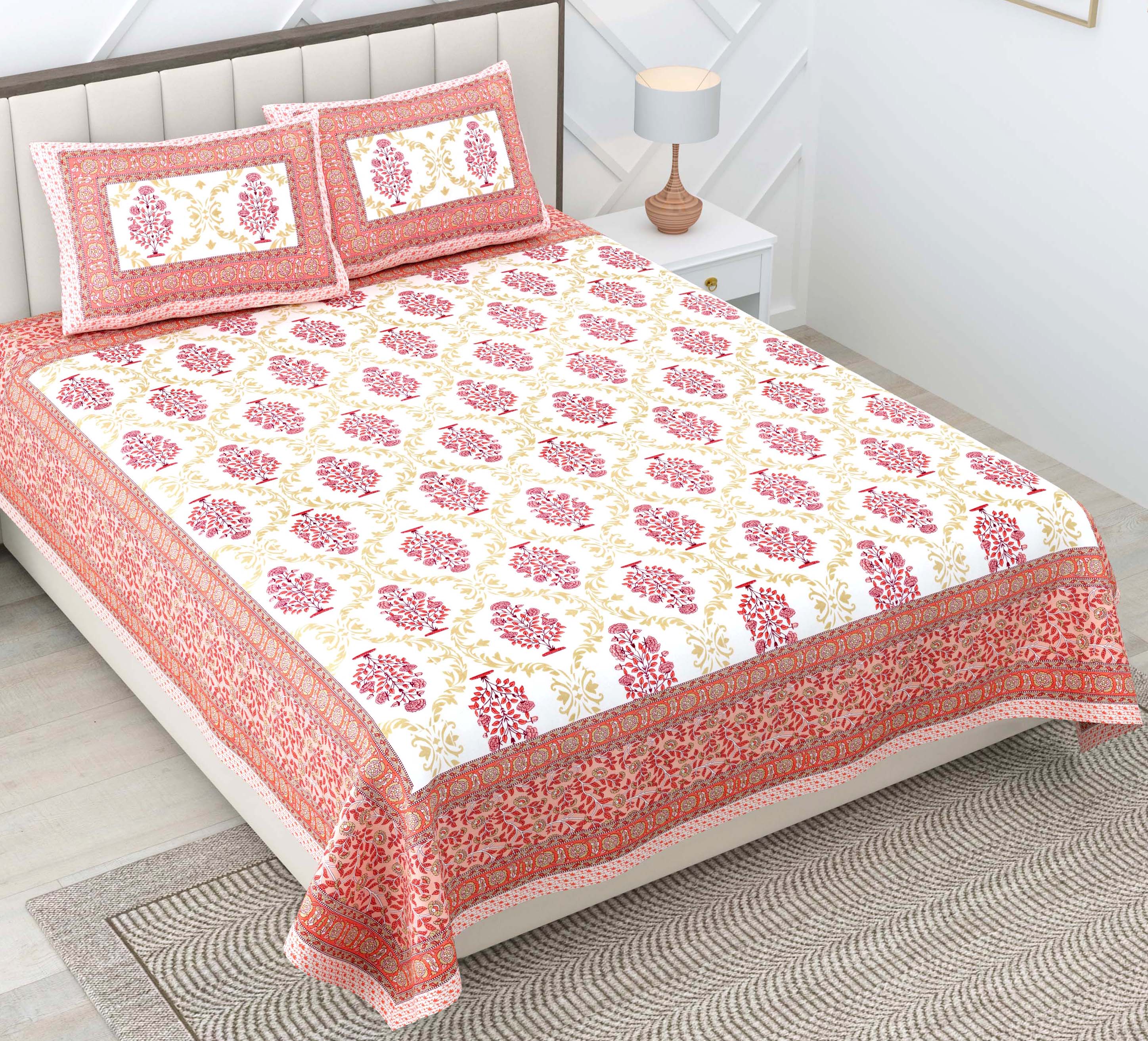 Peach Motif 100% Cotton 180 TC King Size BEDSHEET with 2 Pillow Cover - 90X108