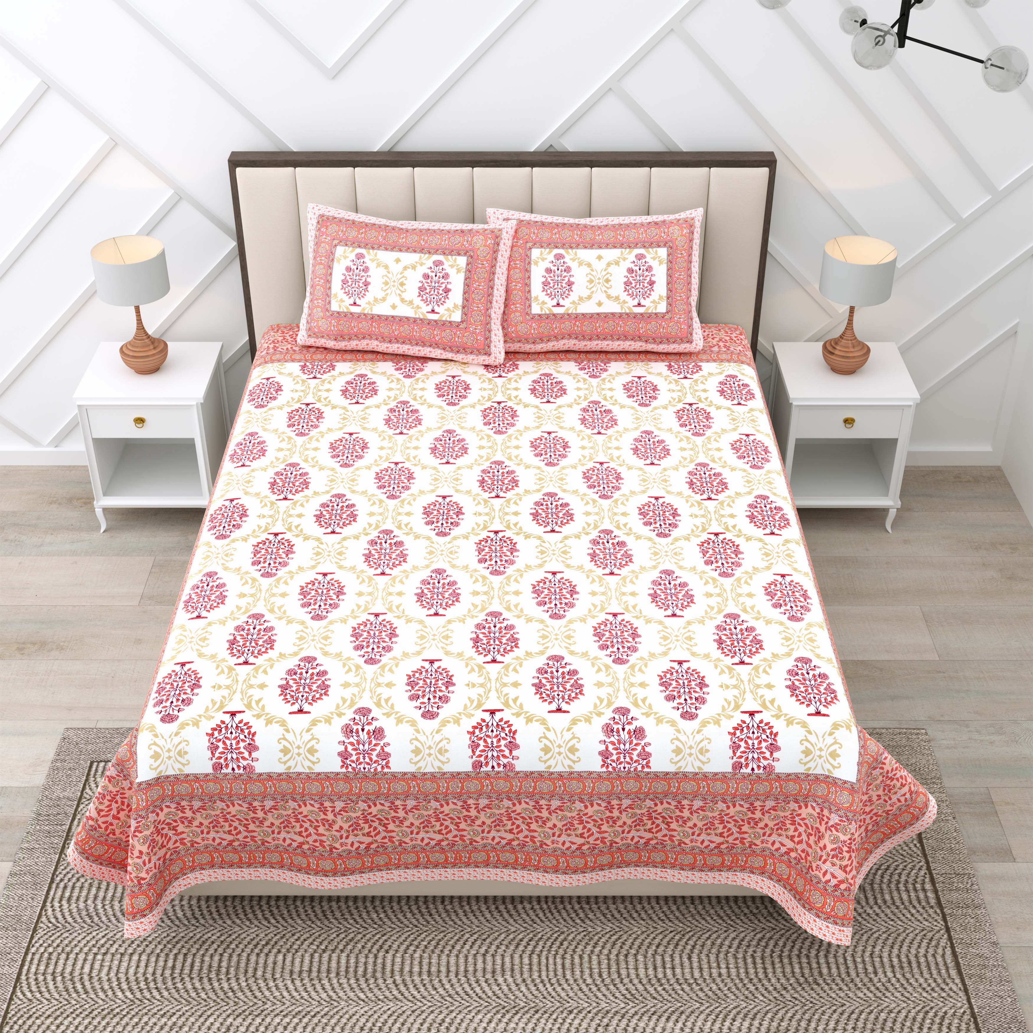 Peach Motif 100% Cotton 180 TC King Size BEDSHEET with 2 Pillow Cover - 90X108