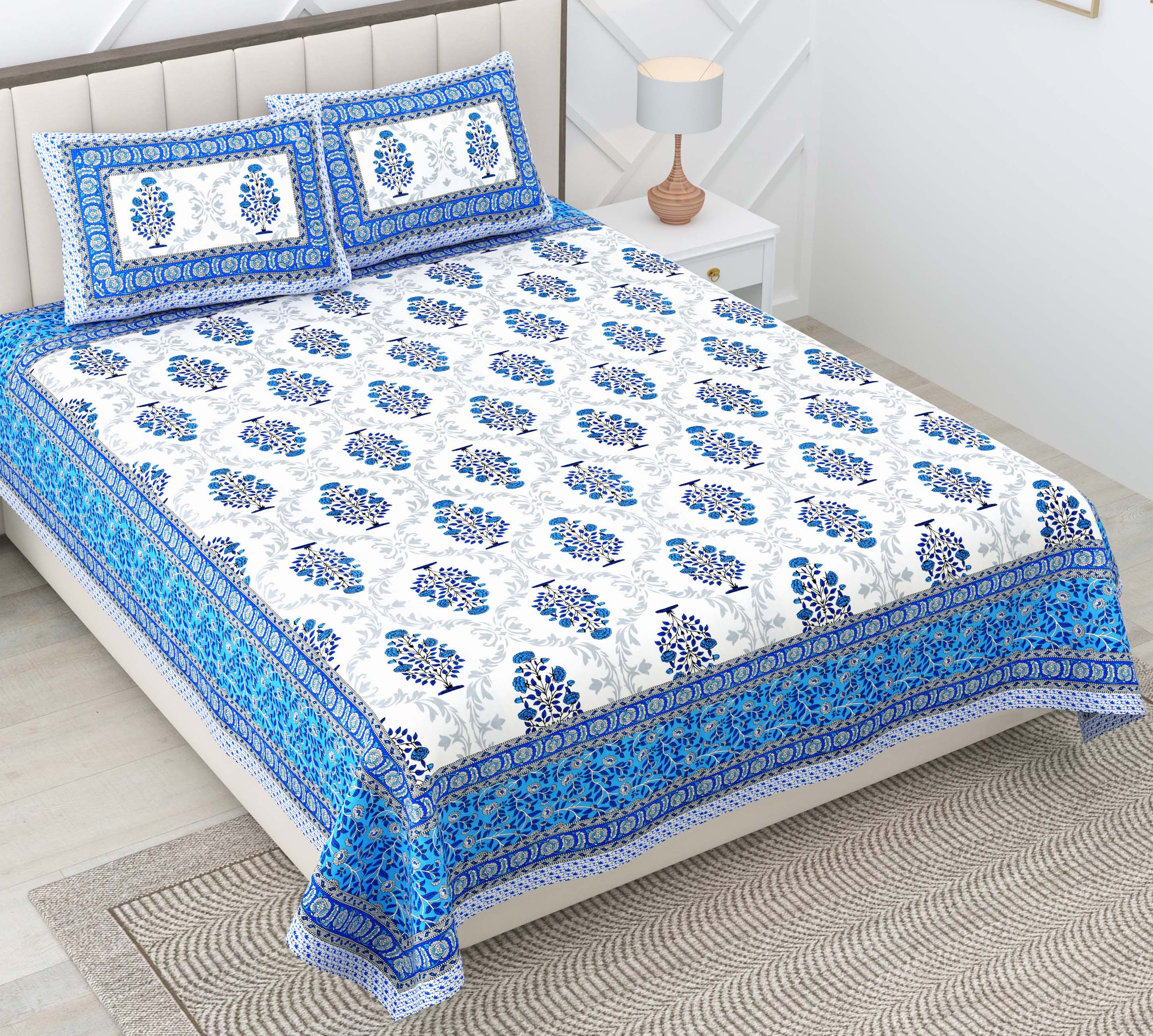 Blue Motif 100% Cotton 180 TC King Size BEDSHEET with 2 Pillow Cover - 90X108