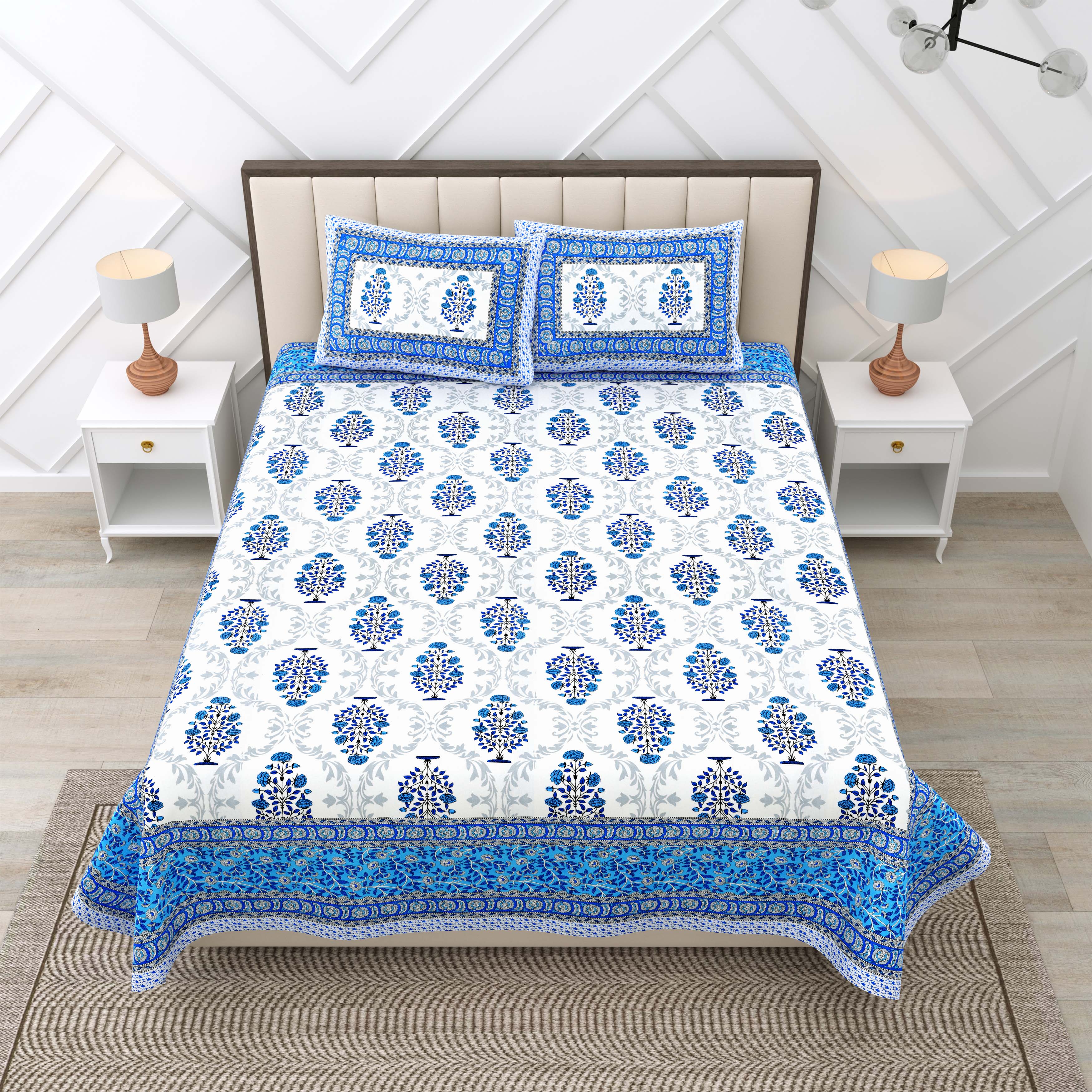 Blue Motif 100% Cotton 180 TC King Size BEDSHEET with 2 Pillow Cover - 90X108