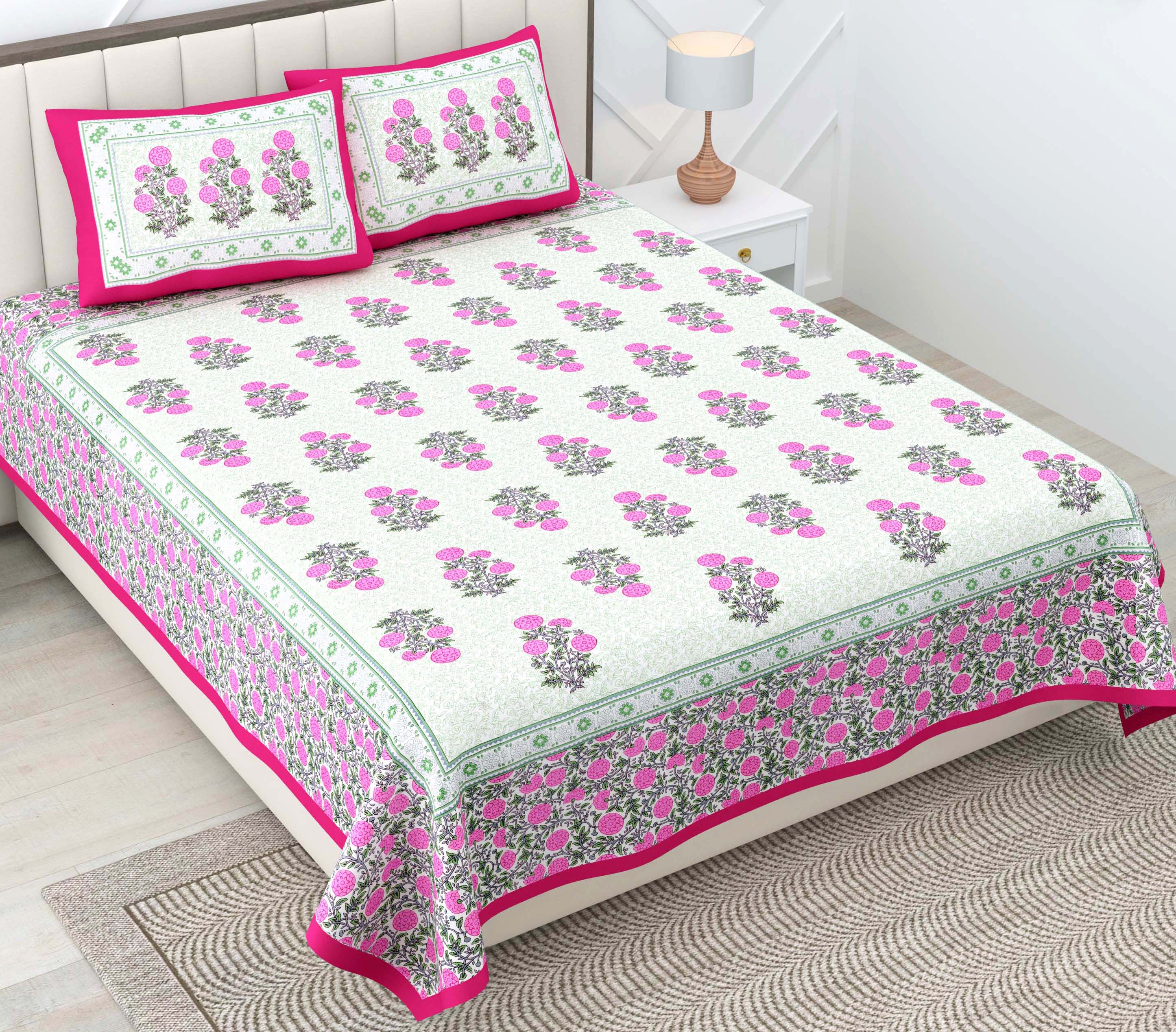 Pink Motif 100% Cotton 180 TC King Size BEDSHEET with 2 Pillow Cover - 90X108