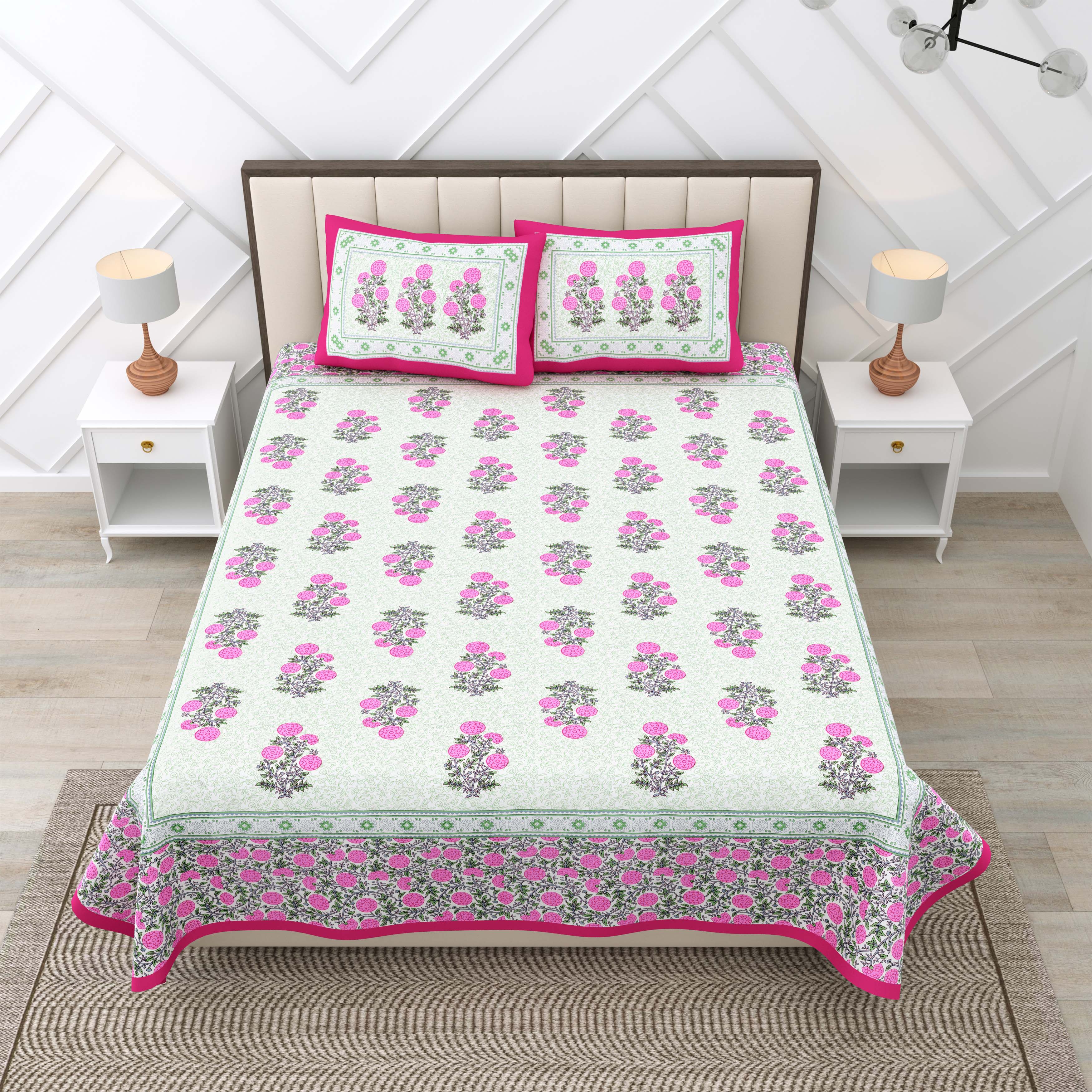 Pink Motif 100% Cotton 180 TC King Size BEDSHEET with 2 Pillow Cover - 90X108